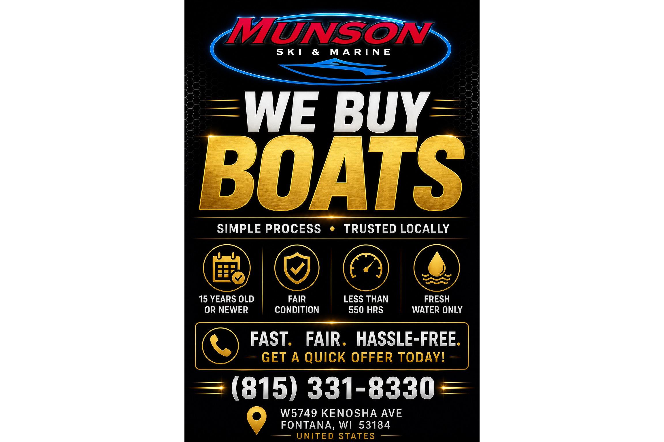 Munson Ski & Marine boat buying ad, featuring contact details and purchase criteria.