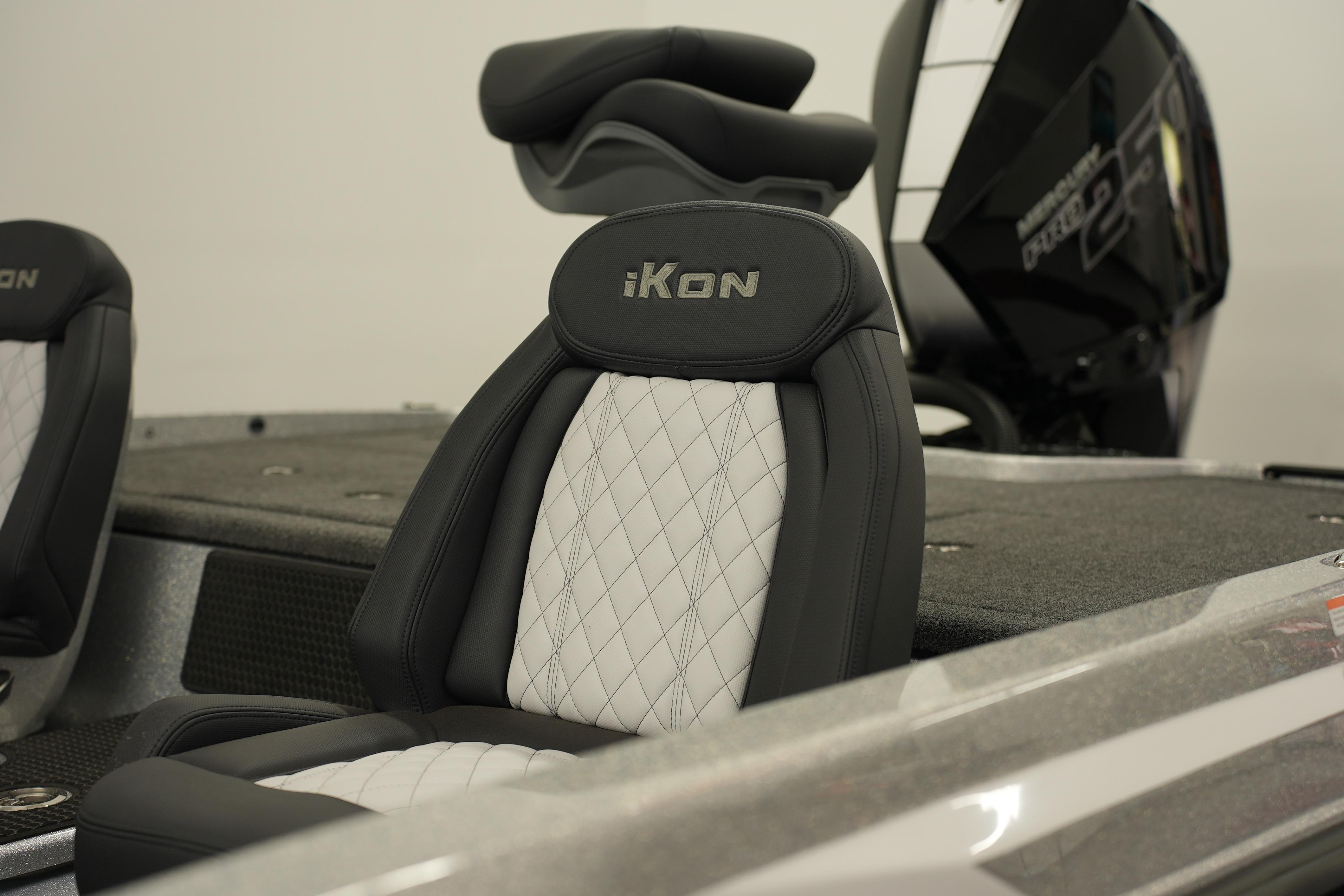 2026 iKon LXE20 boat seat with quilted design and sleek black motor.