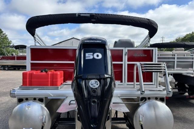 2026 Sun Tracker Party Barge 16 DLX with Mercury 50 engine, rear view.