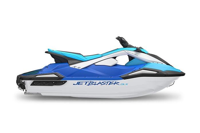 Manufacturer Provided Image: 2026 Yamaha WaveRunner JetBlaster DLX 3-Up in blue and white, side view.