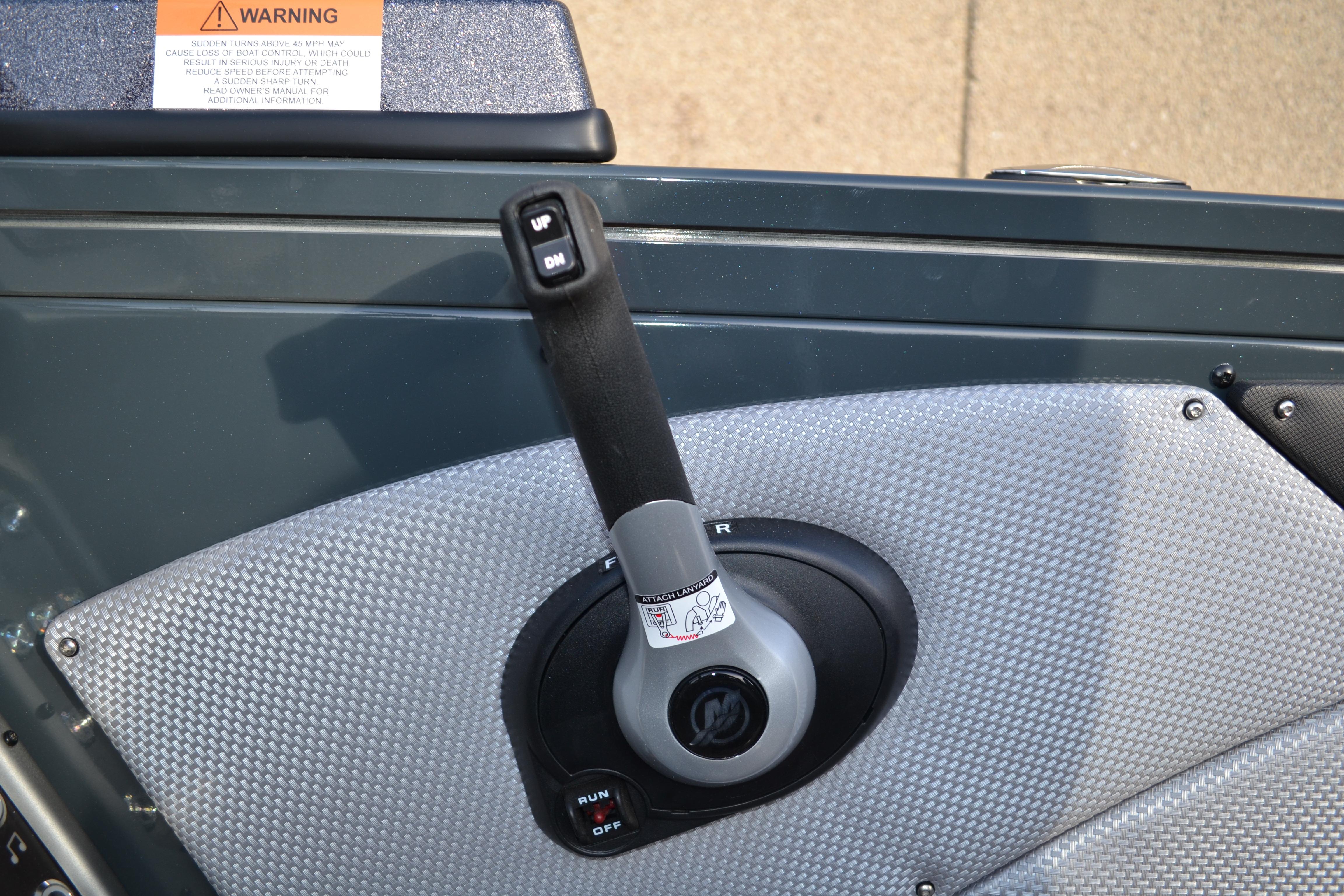 Throttle control lever on 2026 Ranger VX1888 WT boat dashboard.