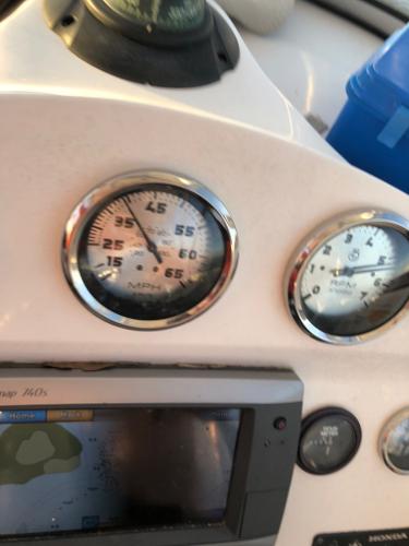 Close-up of 2008 Sea Fox 236WA Pro Series boat dashboard with gauges and GPS.
