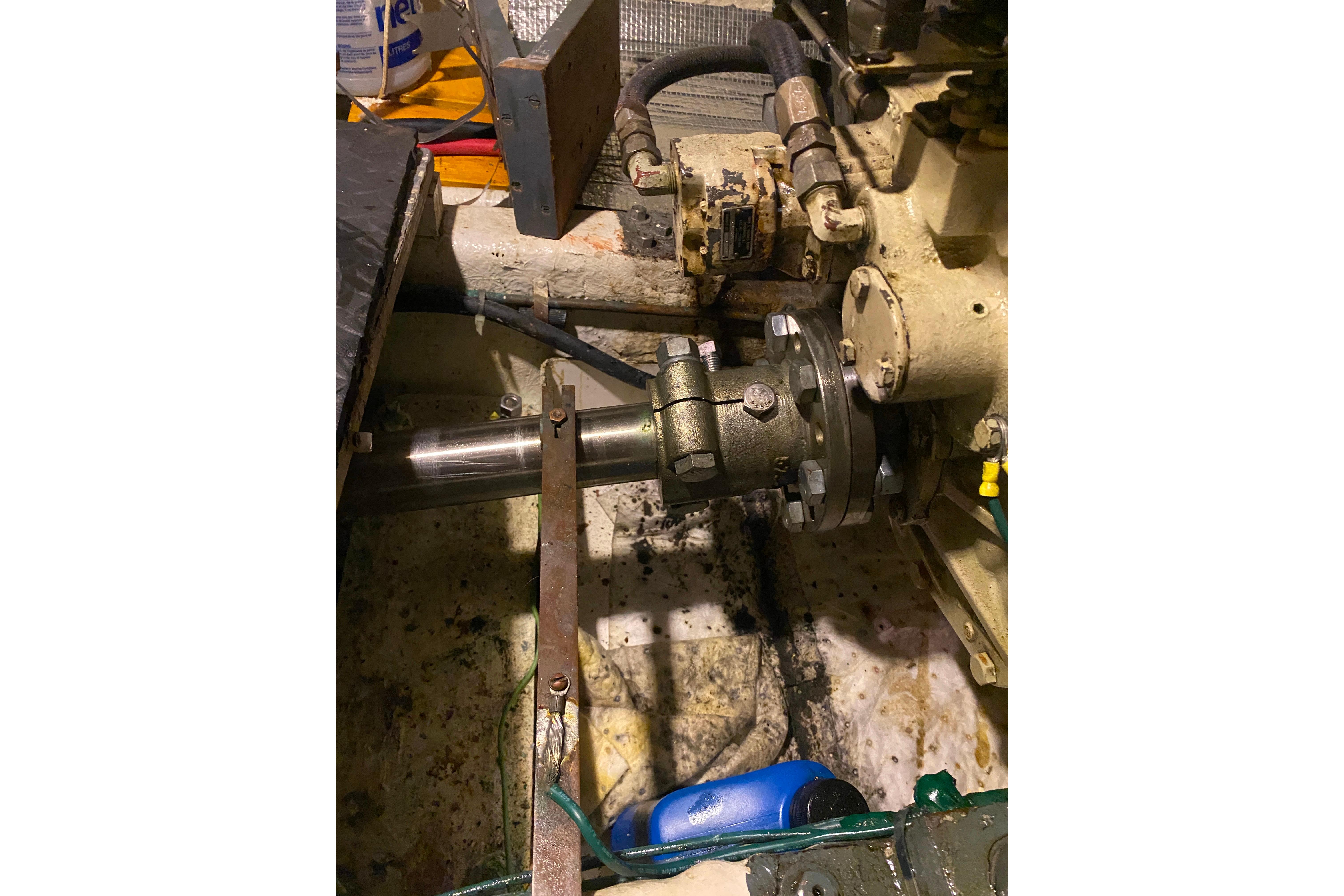 Engine room of 1980 Ocean Alexander 50 Mark I yacht, showing mechanical components.