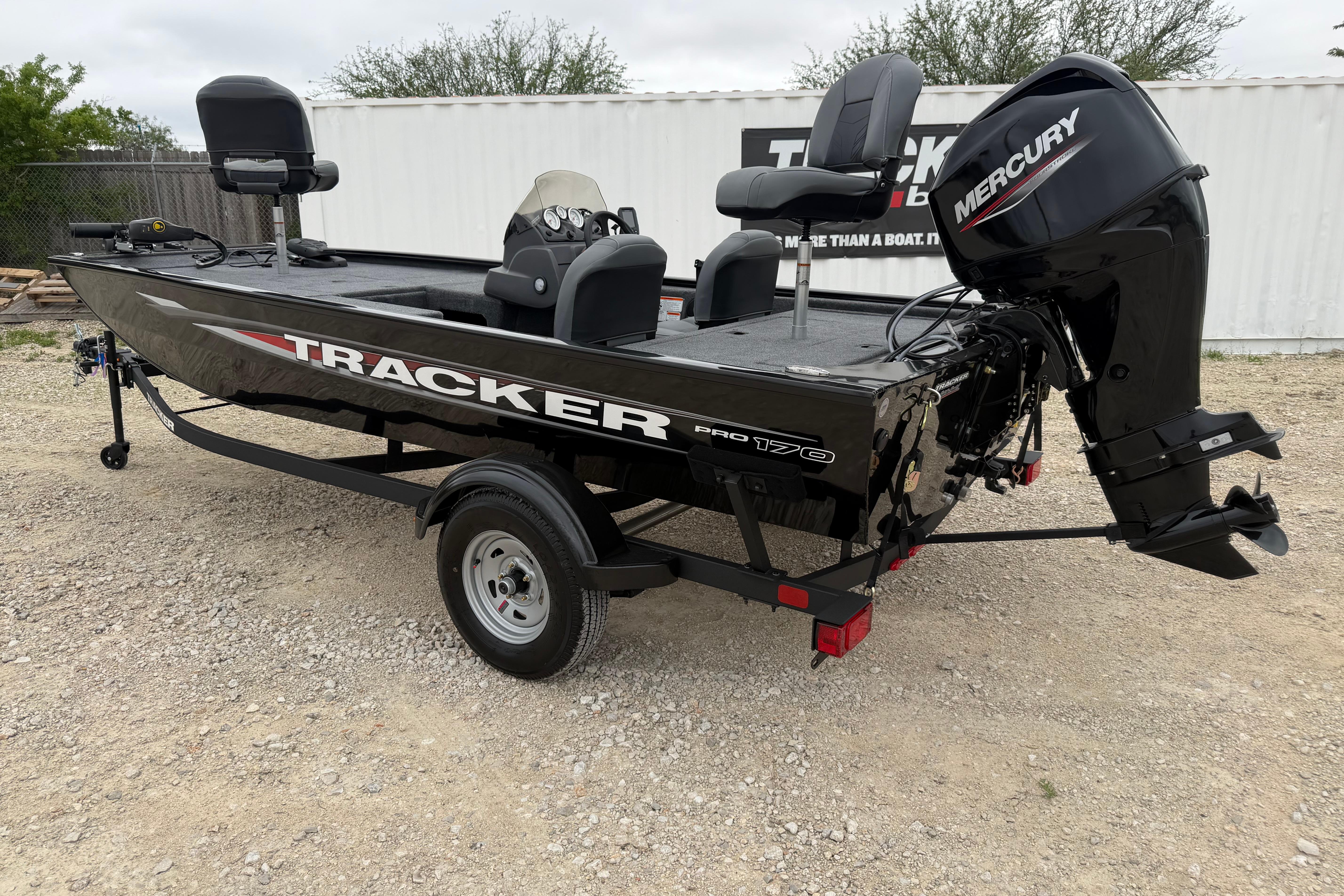2026 Tracker Pro 170 boat with Mercury engine on a trailer.