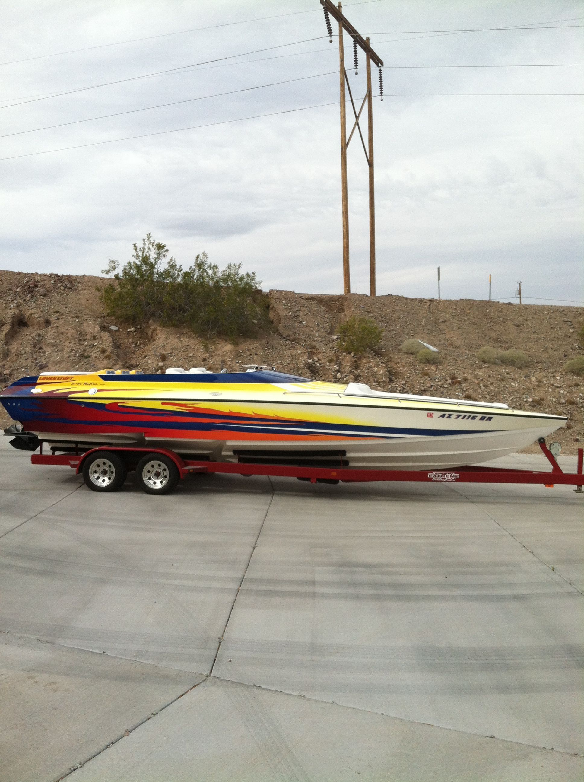 2002 Lavey Craft 2750 NUERA on trailer, colorful paint.