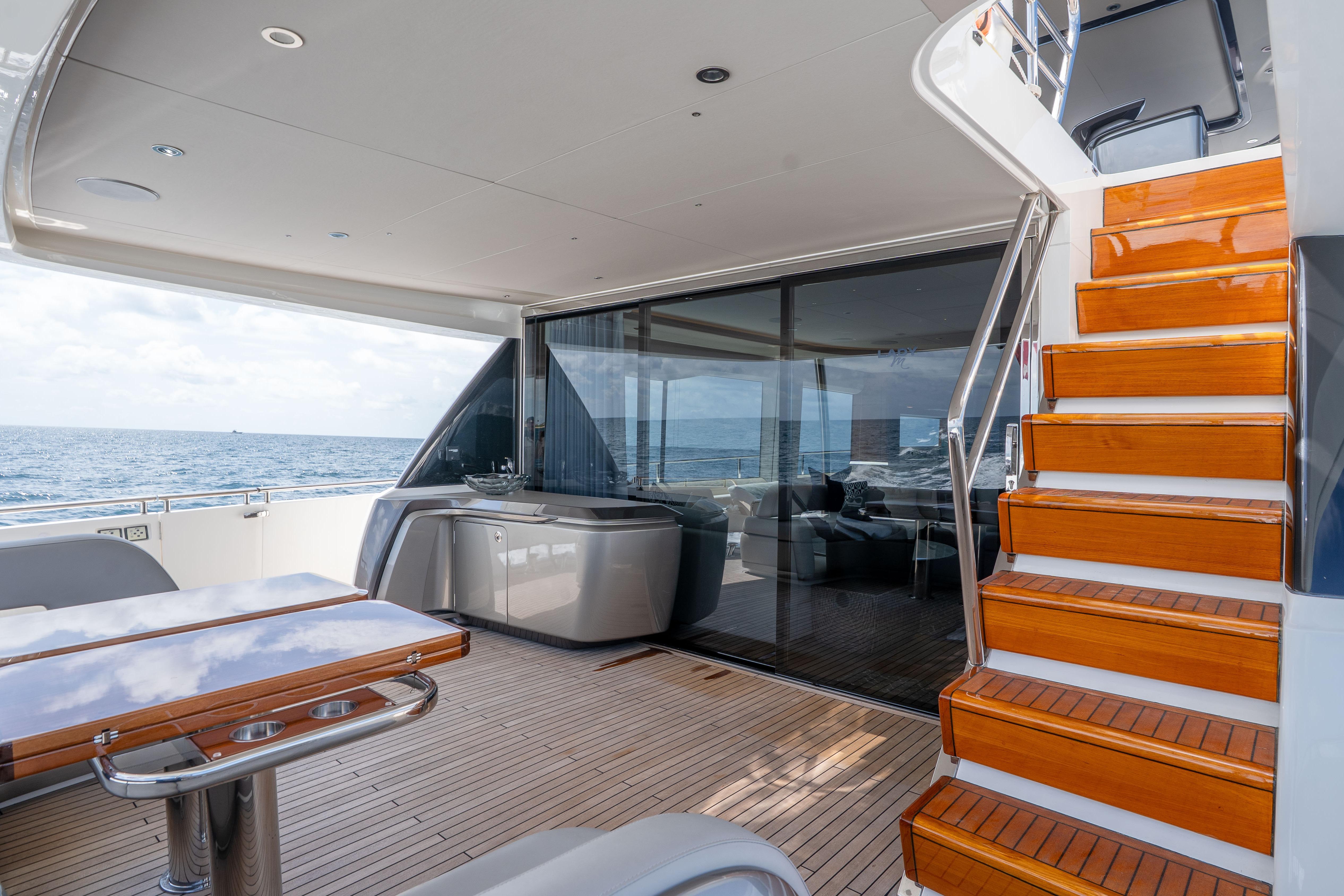 Luxurious 2020 Princess Y85 yacht deck with wooden stairs and ocean view.