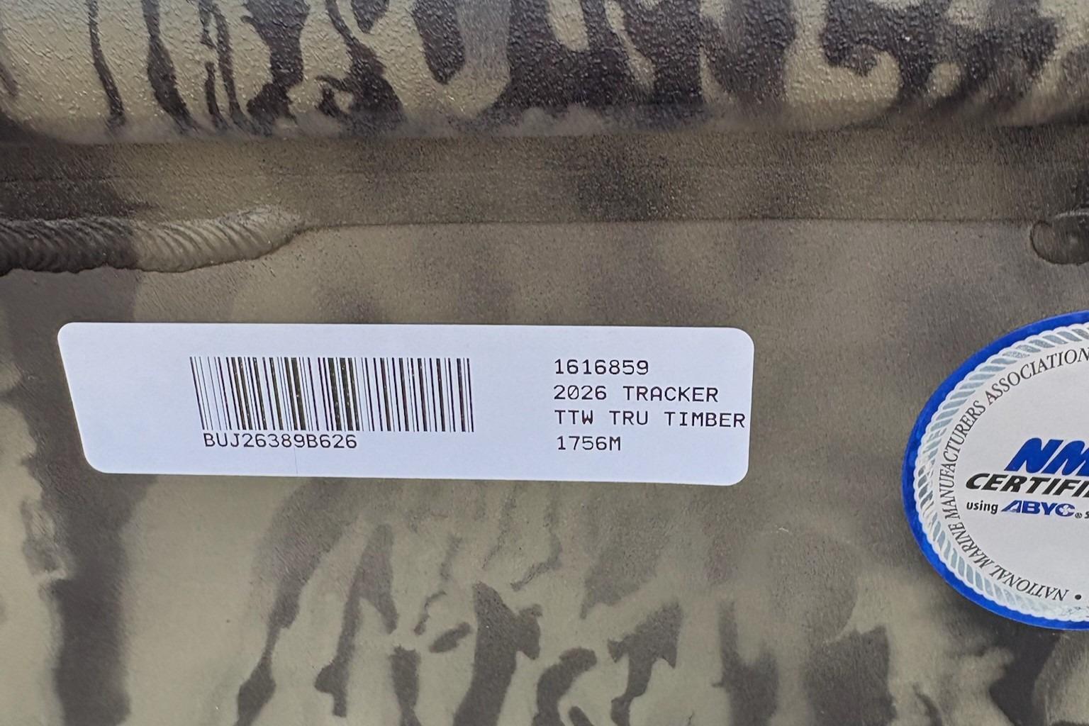 Barcode and certification label on 2026 Tracker Grizzly 1756 T Marsh boat.