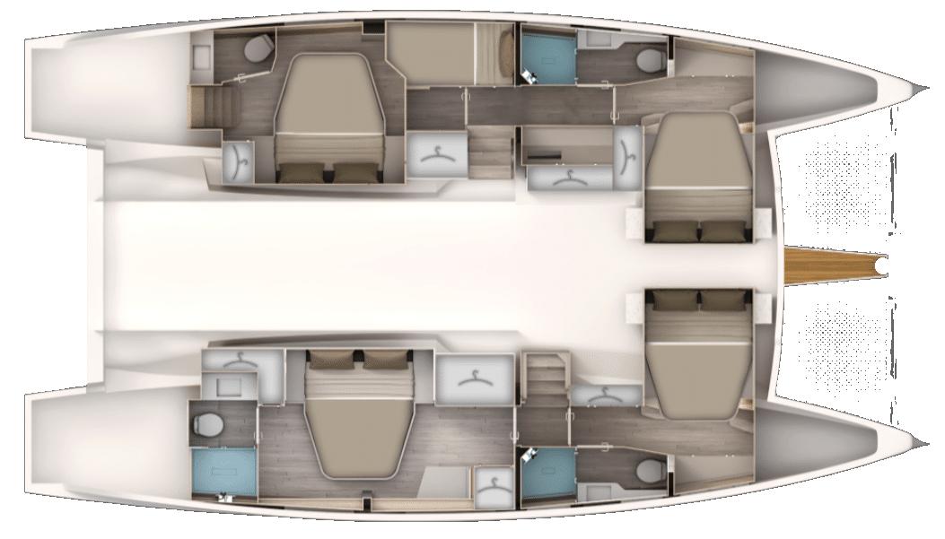 Floor plan of Aventura 45 catamaran, 2026 model, featuring cabins and bathrooms.