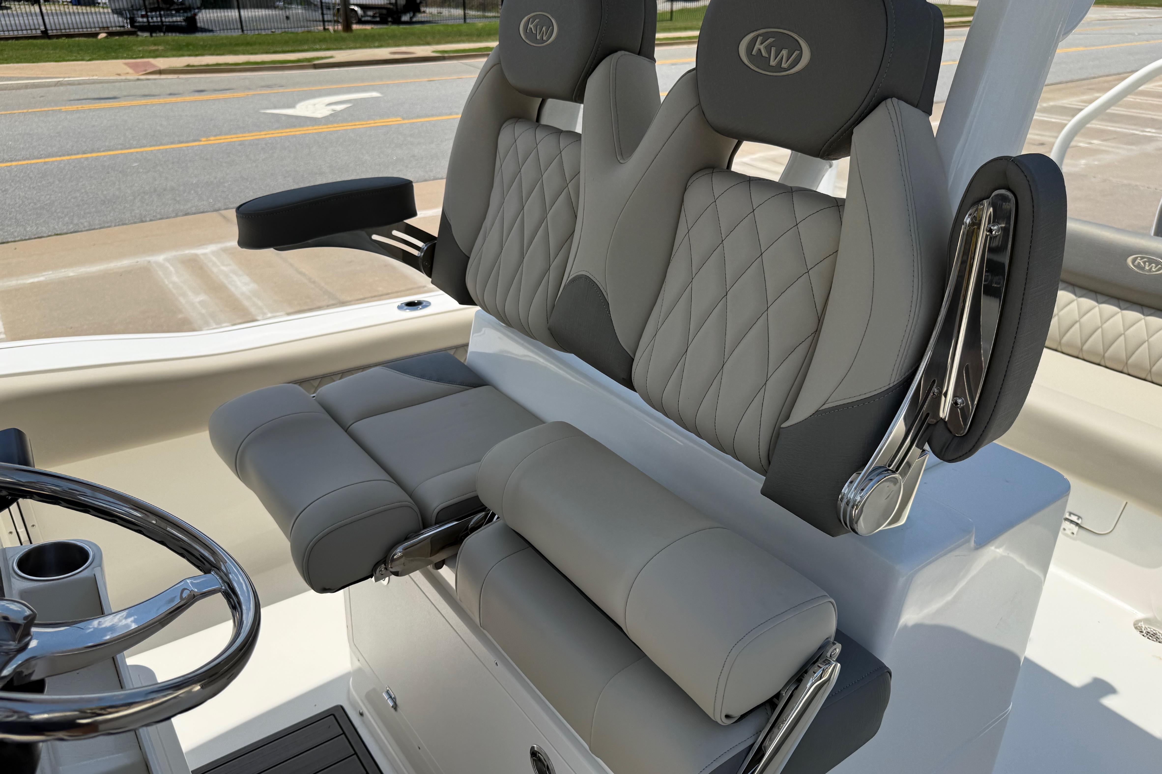 2027 Key West 249 FS boat seats with elegant gray upholstery and chrome accents.