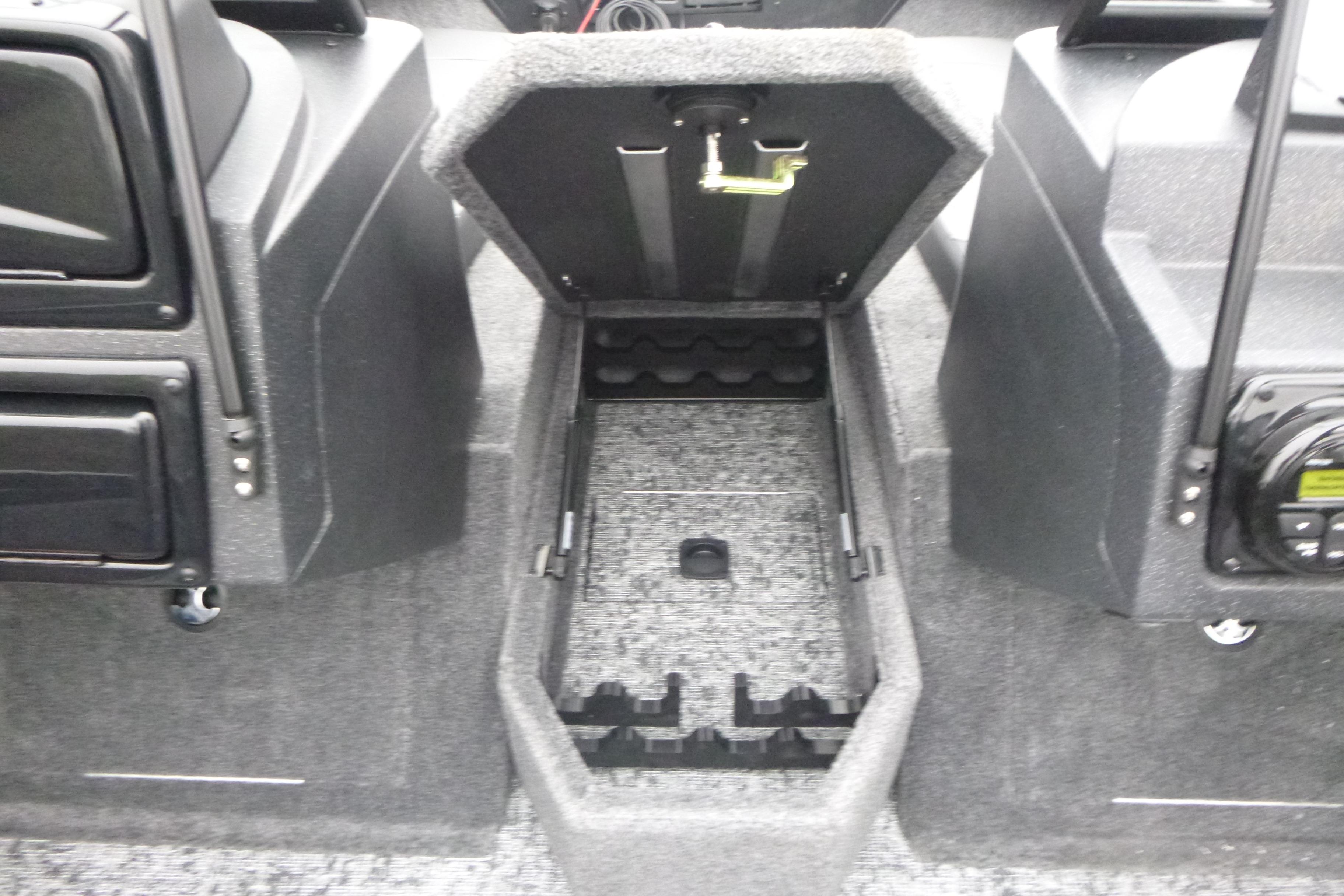 2026 Tracker Targa V-18 Combo boat interior storage compartment open.