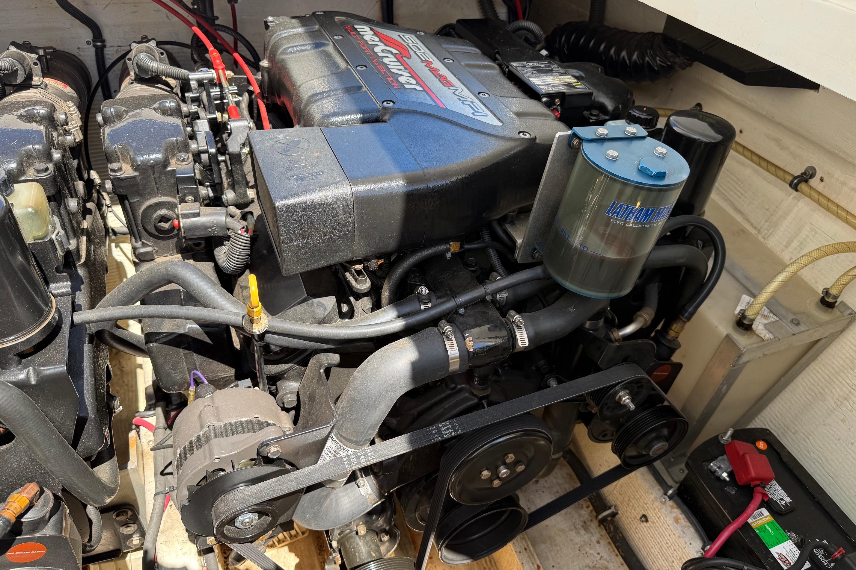 1998 Fountain 35 Lightning engine compartment with visible components and wiring.