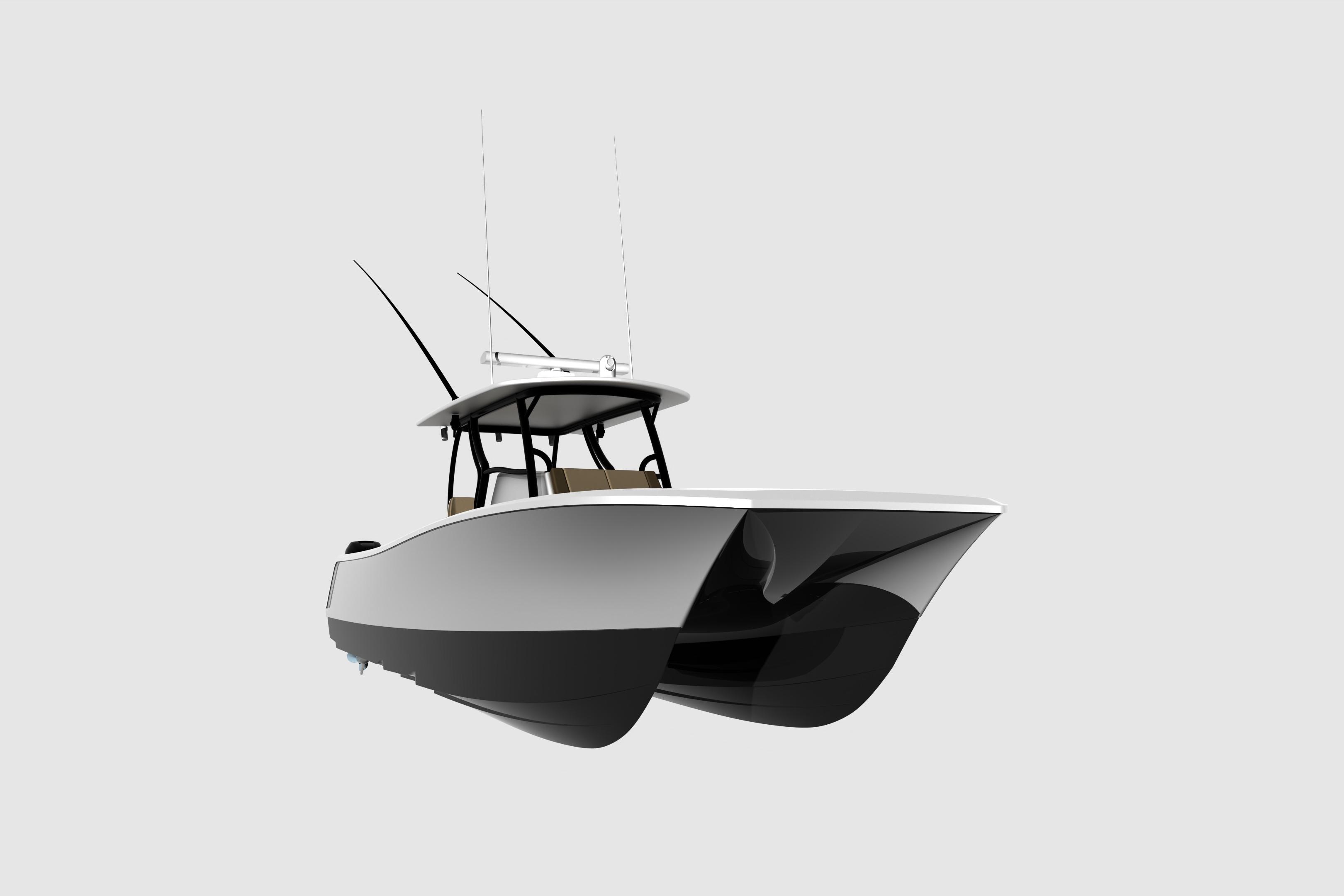 2026 Front Runner 34 Catamaran, sleek design, dual hulls, modern fishing boat.