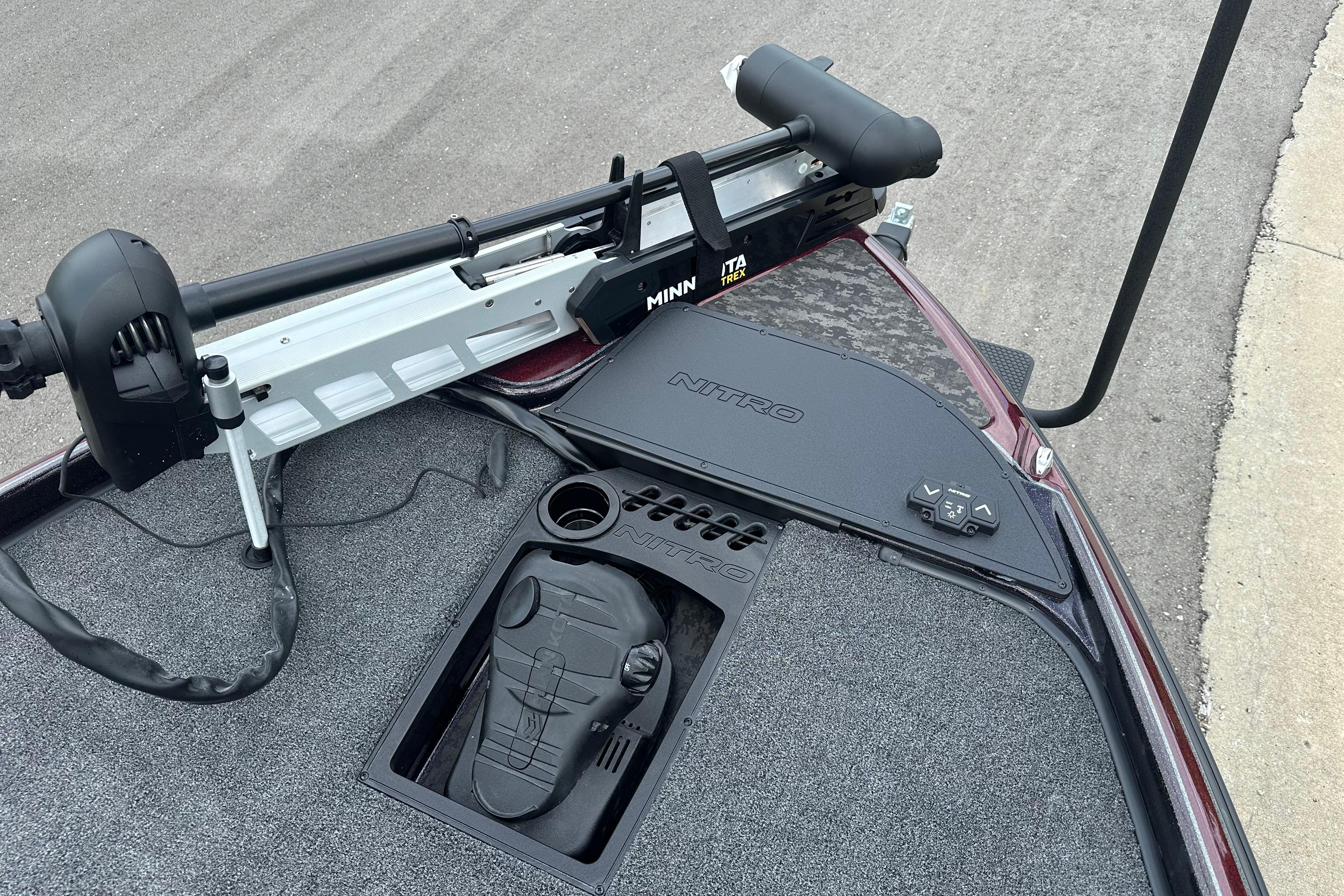2026 Nitro Z21 XL boat deck with Minn Kota trolling motor and foot pedal.