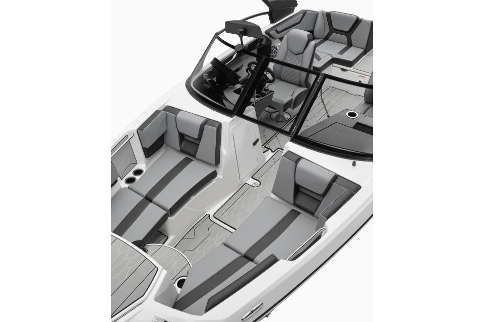 Manufacturer Provided Image: 2026 Yamaha Boats 222XE interior, featuring sleek gray seating and modern design.