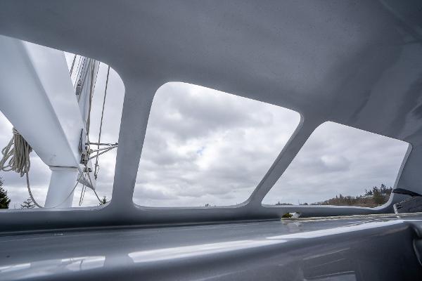 View from Shuttleworth 52 AeroRig 2025 yacht, showcasing sleek design and cloudy sky.
