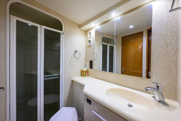 Bathroom interior of 2000 Viking 50 Convertible yacht, featuring shower, sink, and mirror.