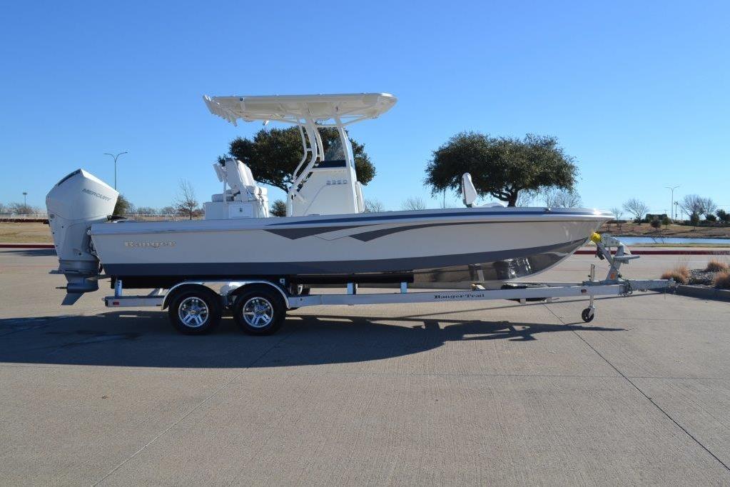 2025 Ranger 2360 Bay boat on trailer, parked outdoors under clear blue sky.
