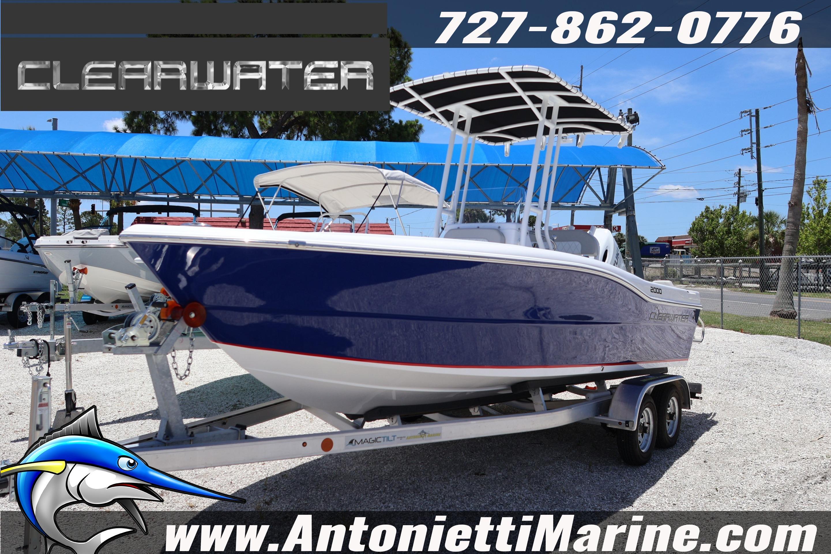 Clearwater 2000 Center Console boat on trailer at Antonietti Marine dealership.