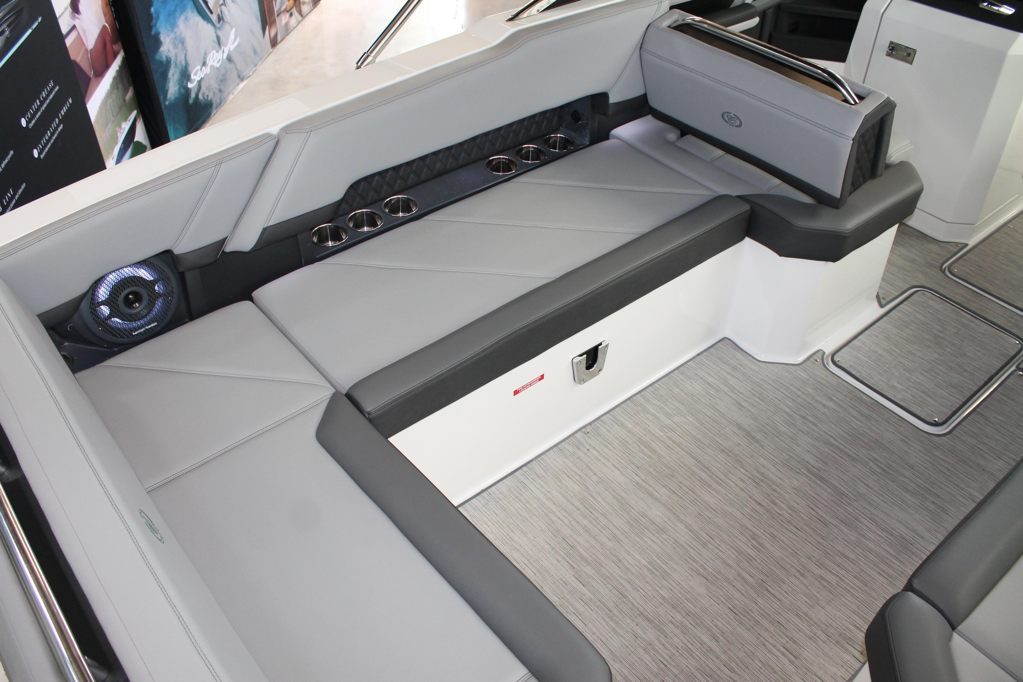 Luxurious interior of 2023 Cobalt R8 boat with sleek seating and modern design.