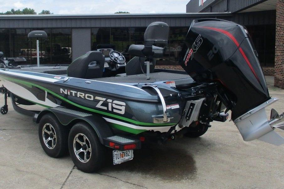 2020 Nitro Z19 Pro fishing boat with powerful outboard motor on trailer.