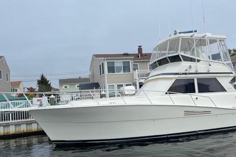 1989 Viking 41 Sportfish Convertible near coastal homes.