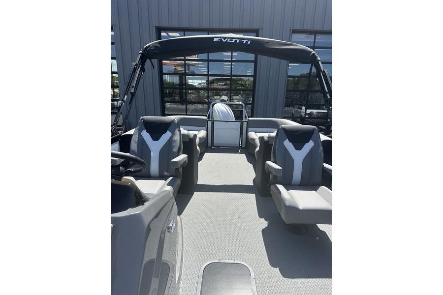 2026 Evotti 523QL boat interior with modern seating and canopy.