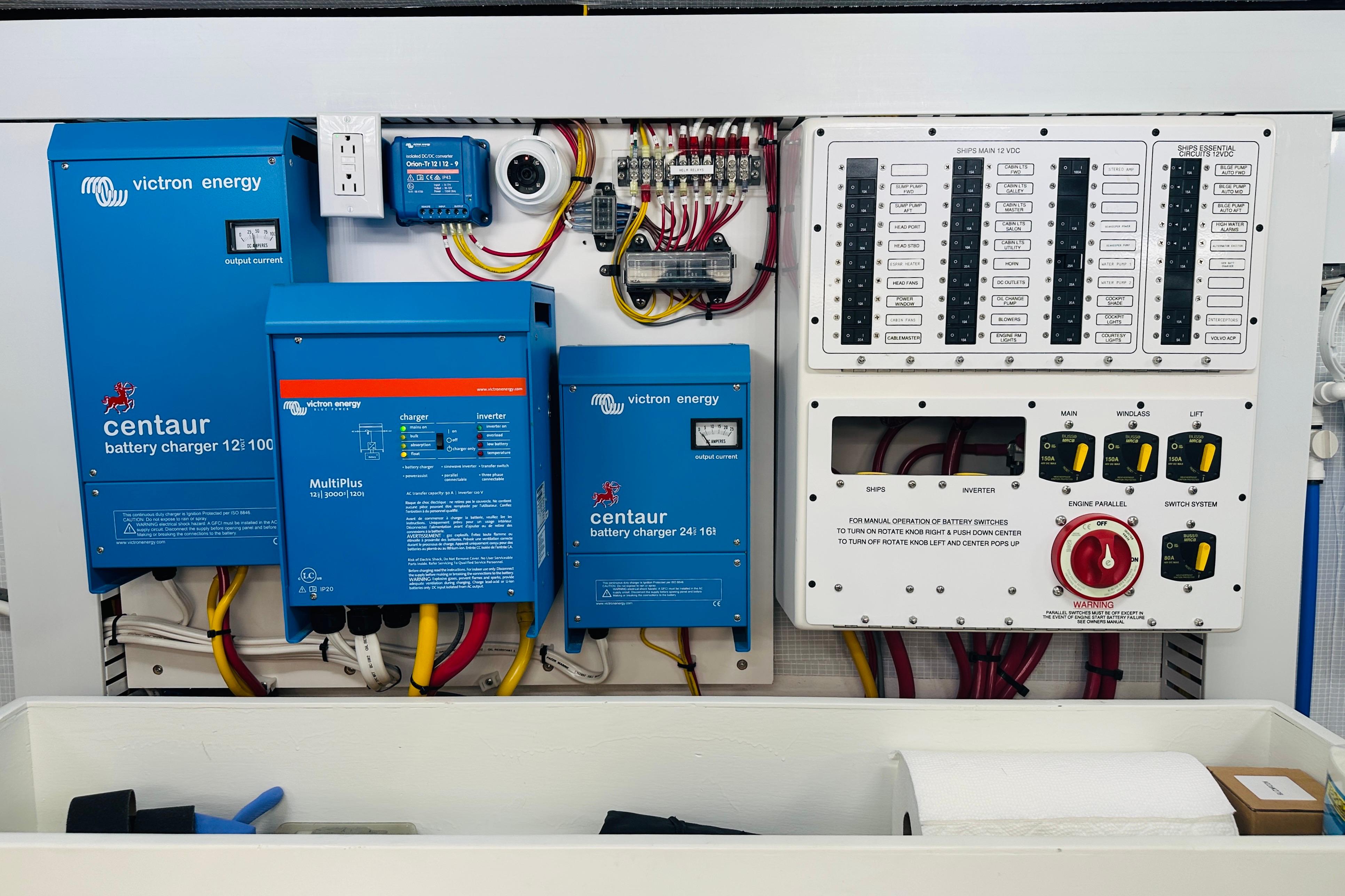 Electrical panel of 2025 Sabre 48 Salon Express with Victron Energy components.