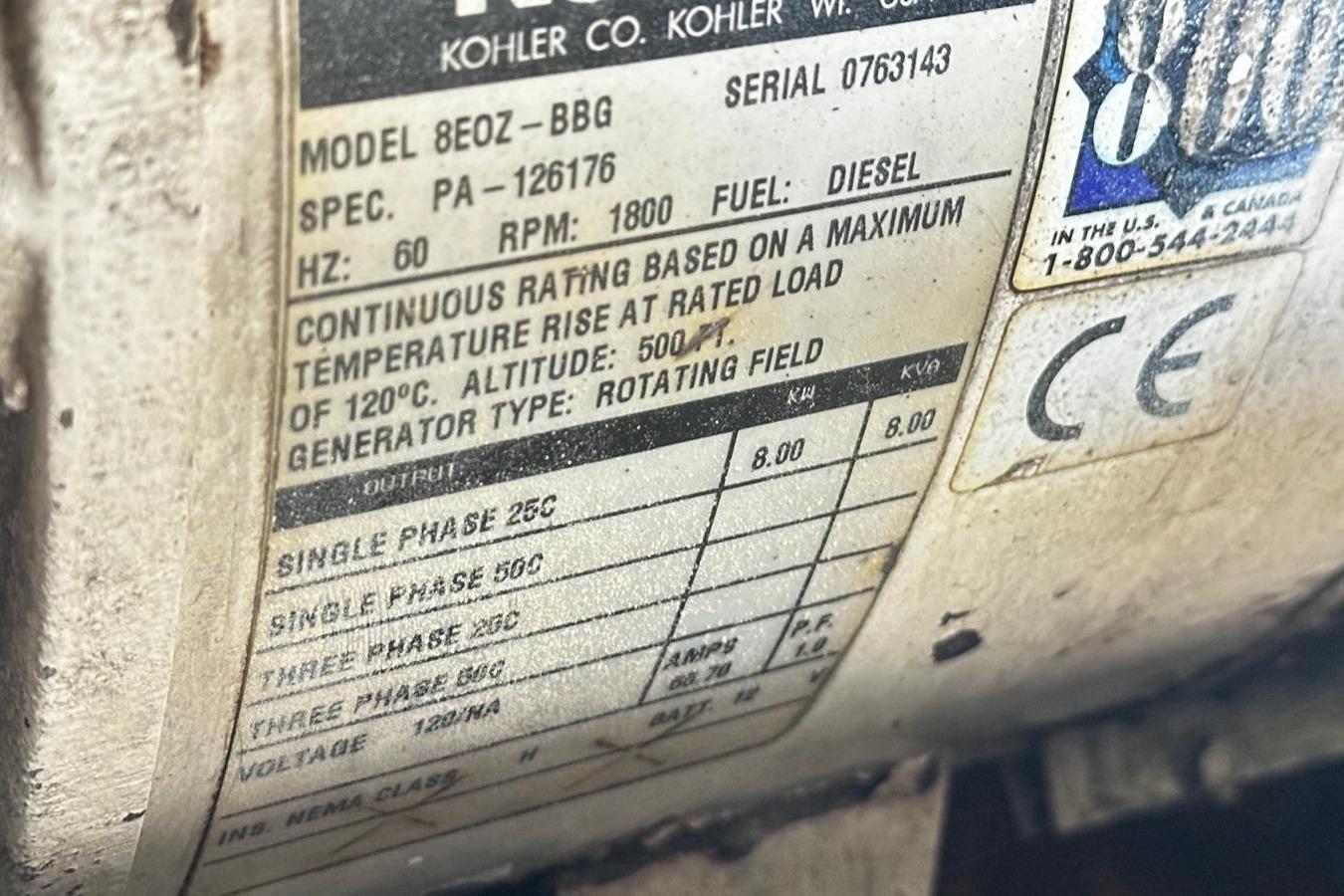 Label on Kohler generator, model 8EOZ-BBG, diesel, for Sea Ray 380 Sundancer 2004.