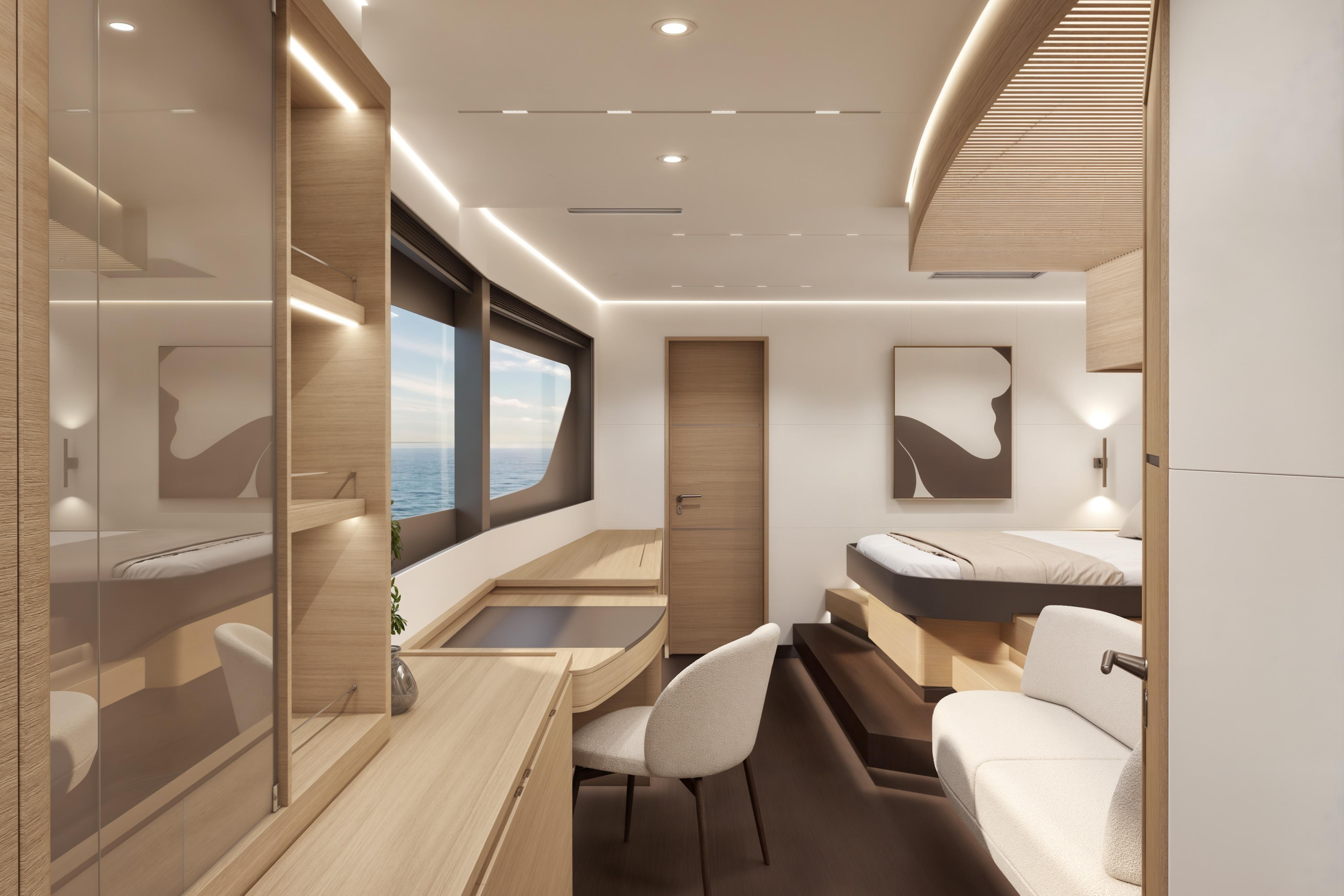 Luxurious interior of 2026 Veya 53 yacht with modern design and ocean view.