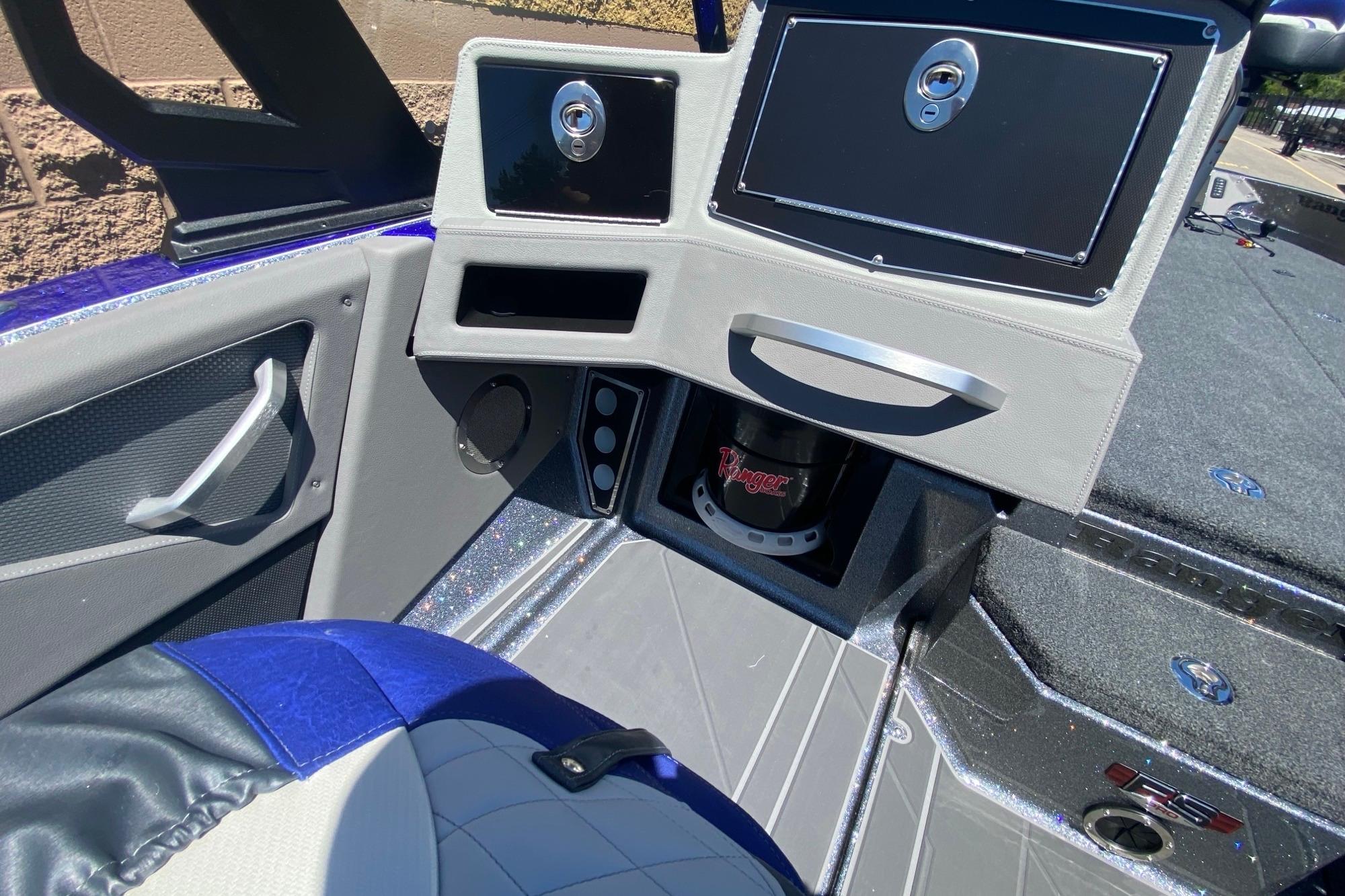 Interior of a 2026 Ranger 622FS Pro boat, featuring sleek design and storage compartments.