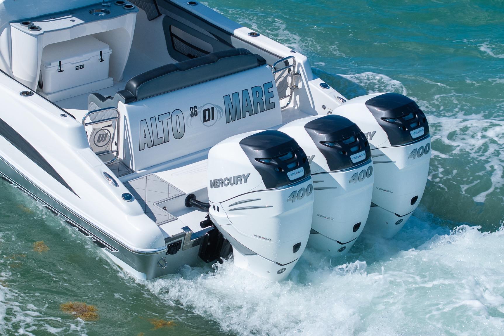 2019 Deep Impact 369 Sport boat with triple Mercury 400 engines on the water.
