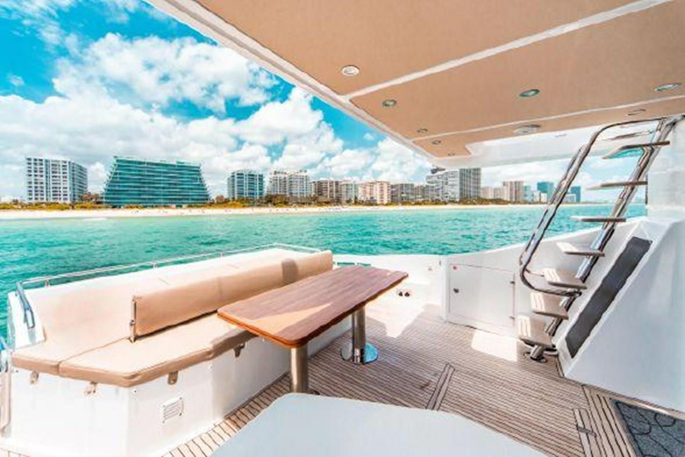 2019 Azimut 77S yacht deck with ocean and city skyline view.