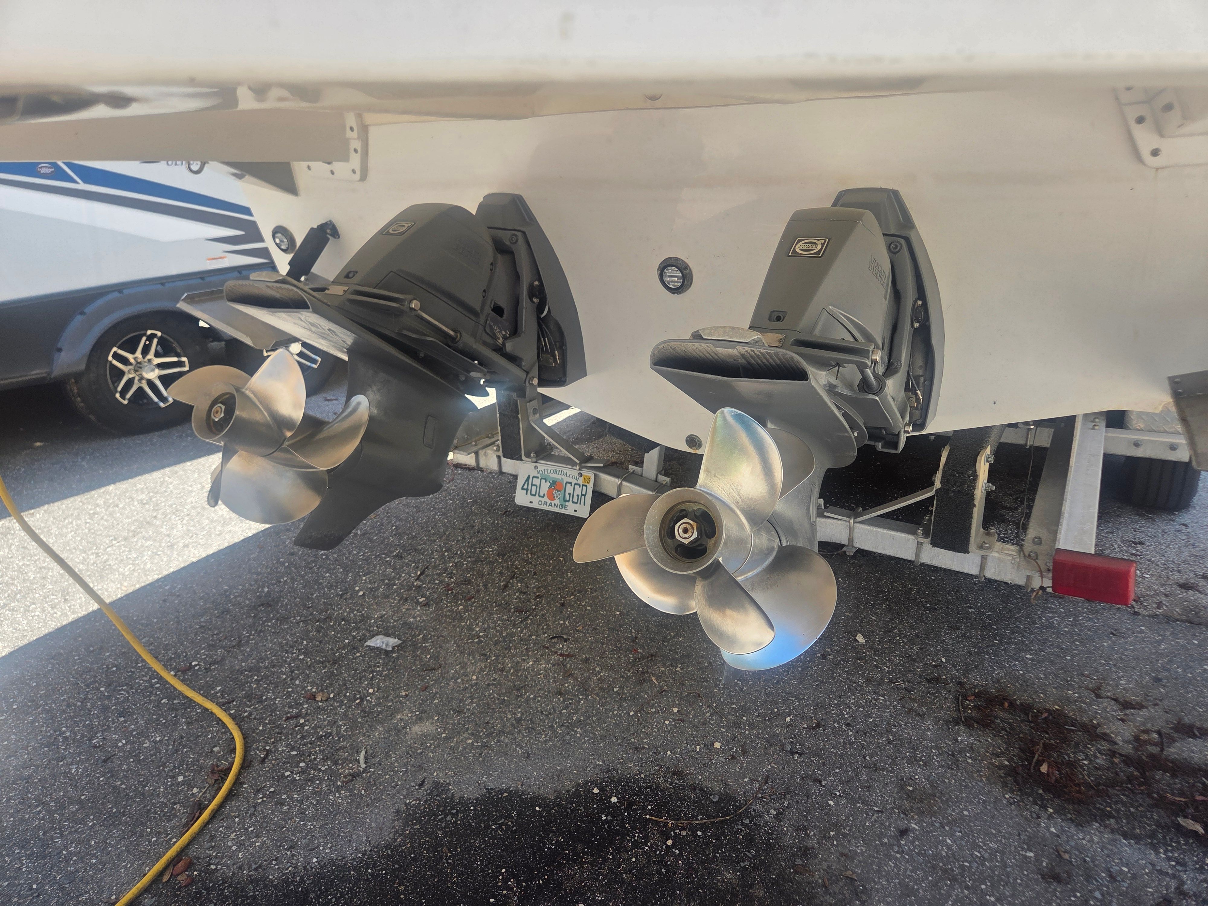2019 Monterey 360SC boat with dual propeller drive on trailer.