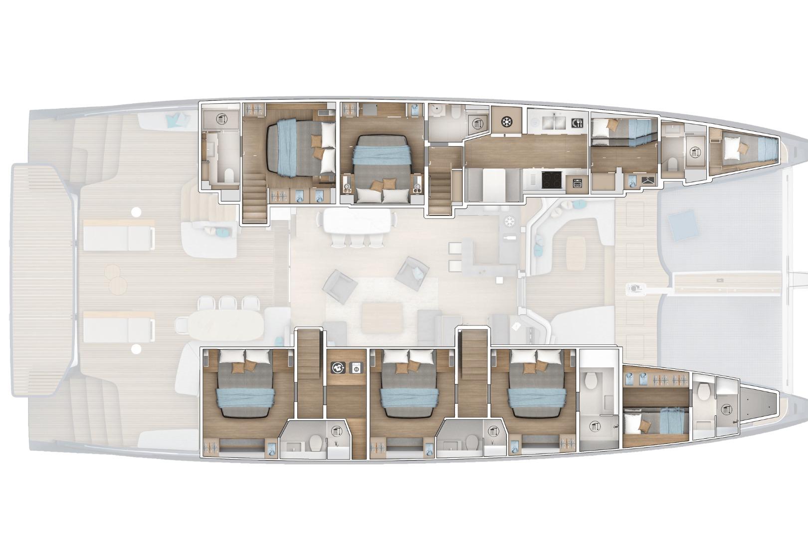 Floor plan of the 2026 Lagoon Eighty 2 yacht, featuring spacious cabins and living areas.