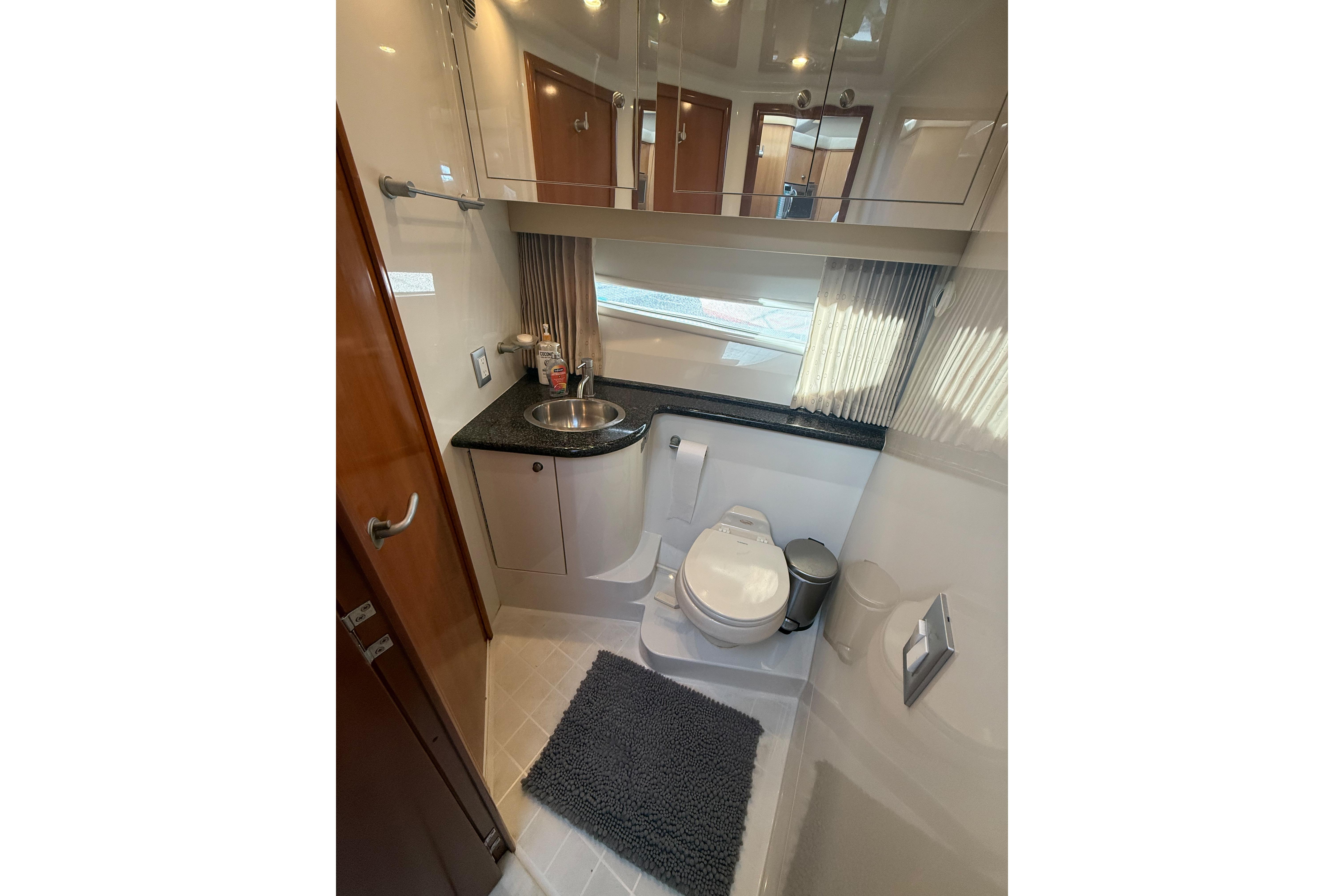 Bathroom interior of 2006 Carver 43 Motor Yacht with sink and toilet.