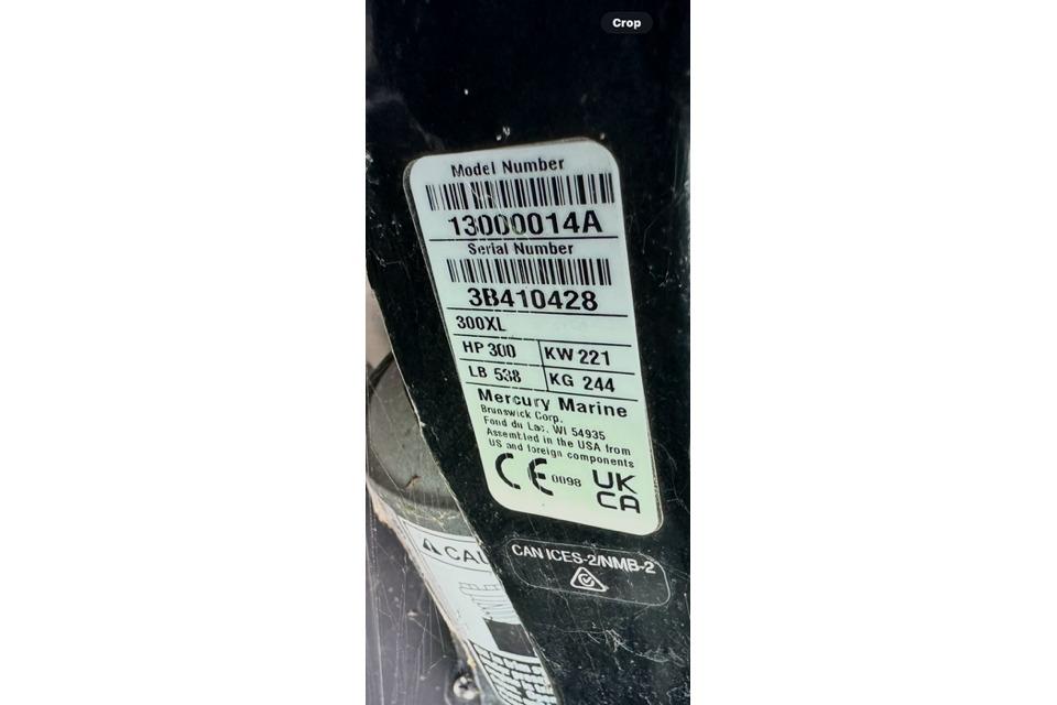 Label on Mercury Marine engine, model 300XL, 300 HP, for Bennington L Bowrider 25 Quad Bench 2021.