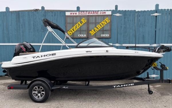 2025 Tahoe 185 S boat on trailer at Sizzle Marine dealership.