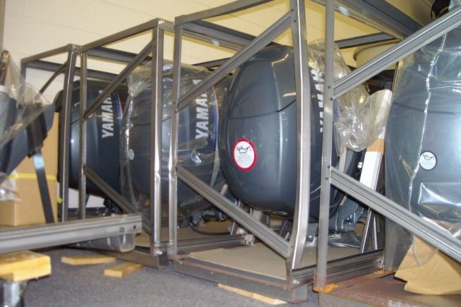 Yamaha outboard motors in metal frames, suitable for Carolina Skiff E18 JVX CC 2025.