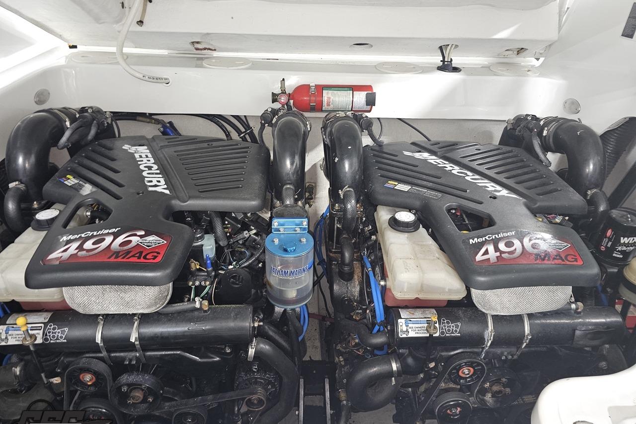 Engine compartment of a 2008 Baja 335 Performance with twin MerCruiser 496 MAG engines.