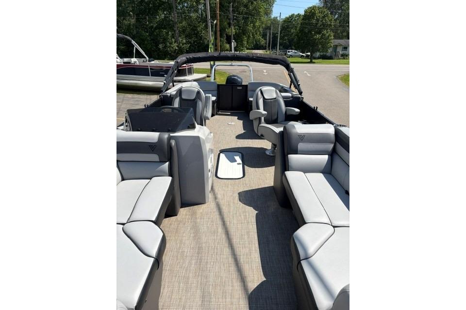 2023 Viaggio Lago 22U Tri Toon Mercury 150 interior with spacious seating and modern design.
