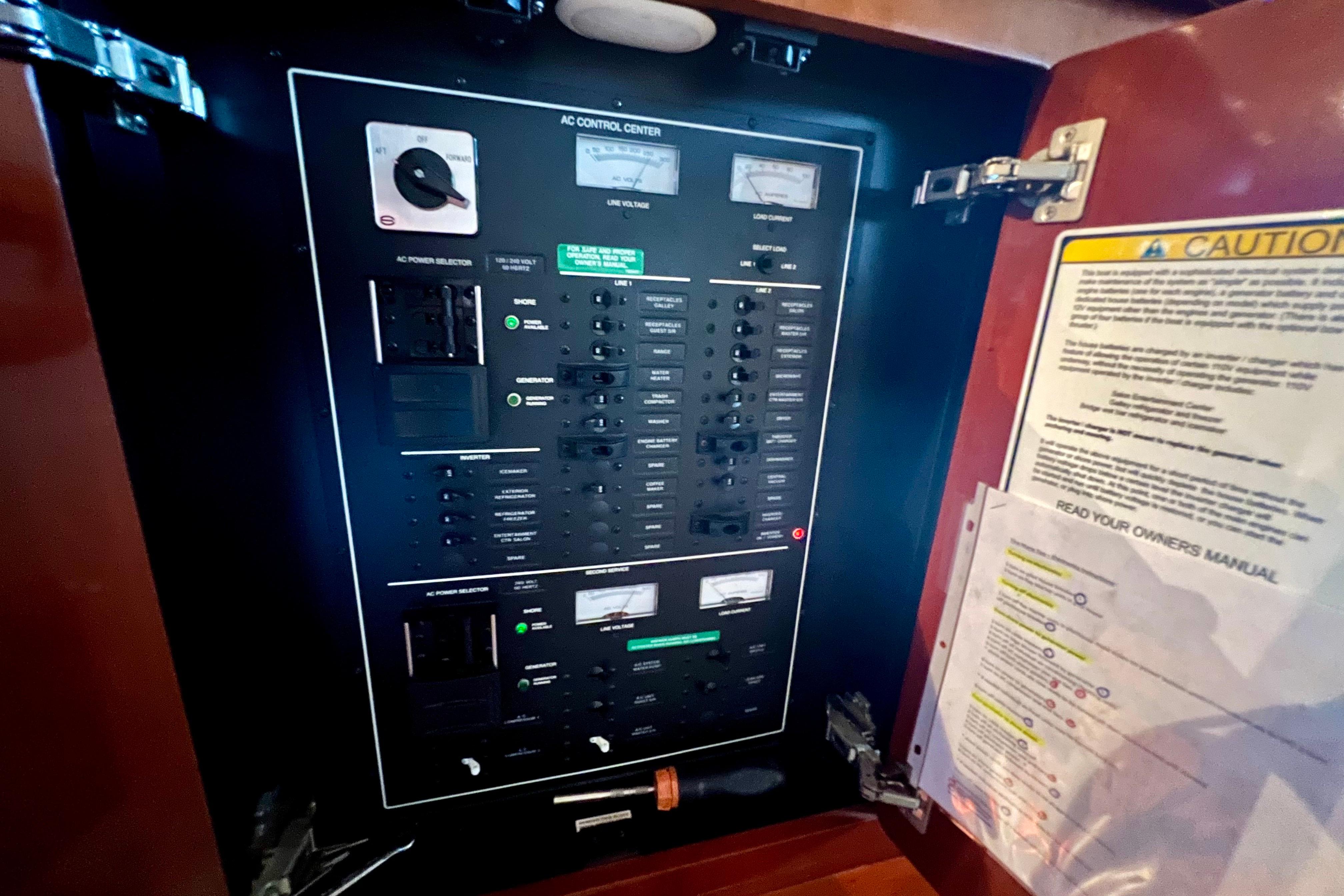 Electrical control panel inside a 2005 Carver 56 Voyager yacht.