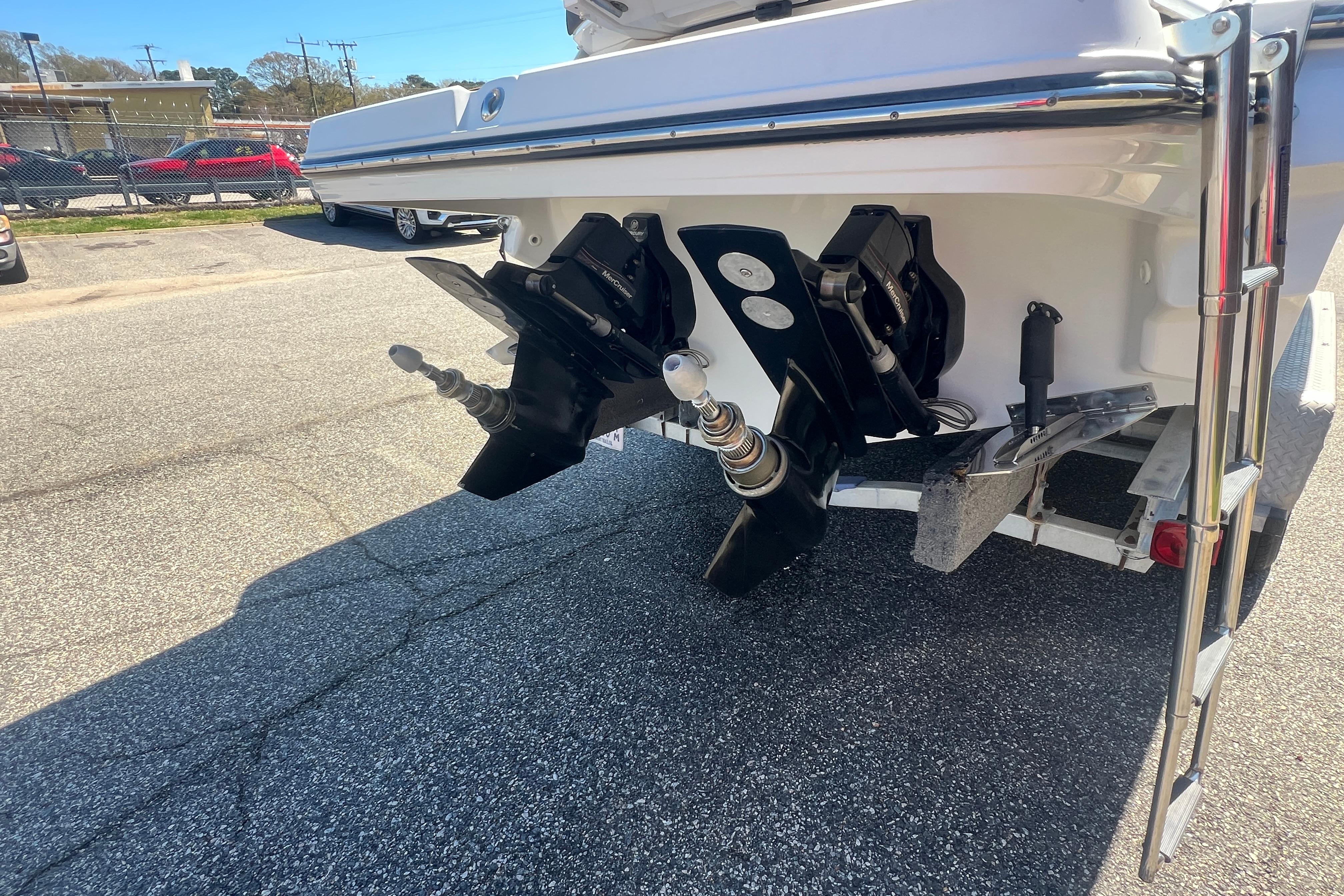 2017 Monterey 298SS Super Sport boat stern with dual outboard motors.