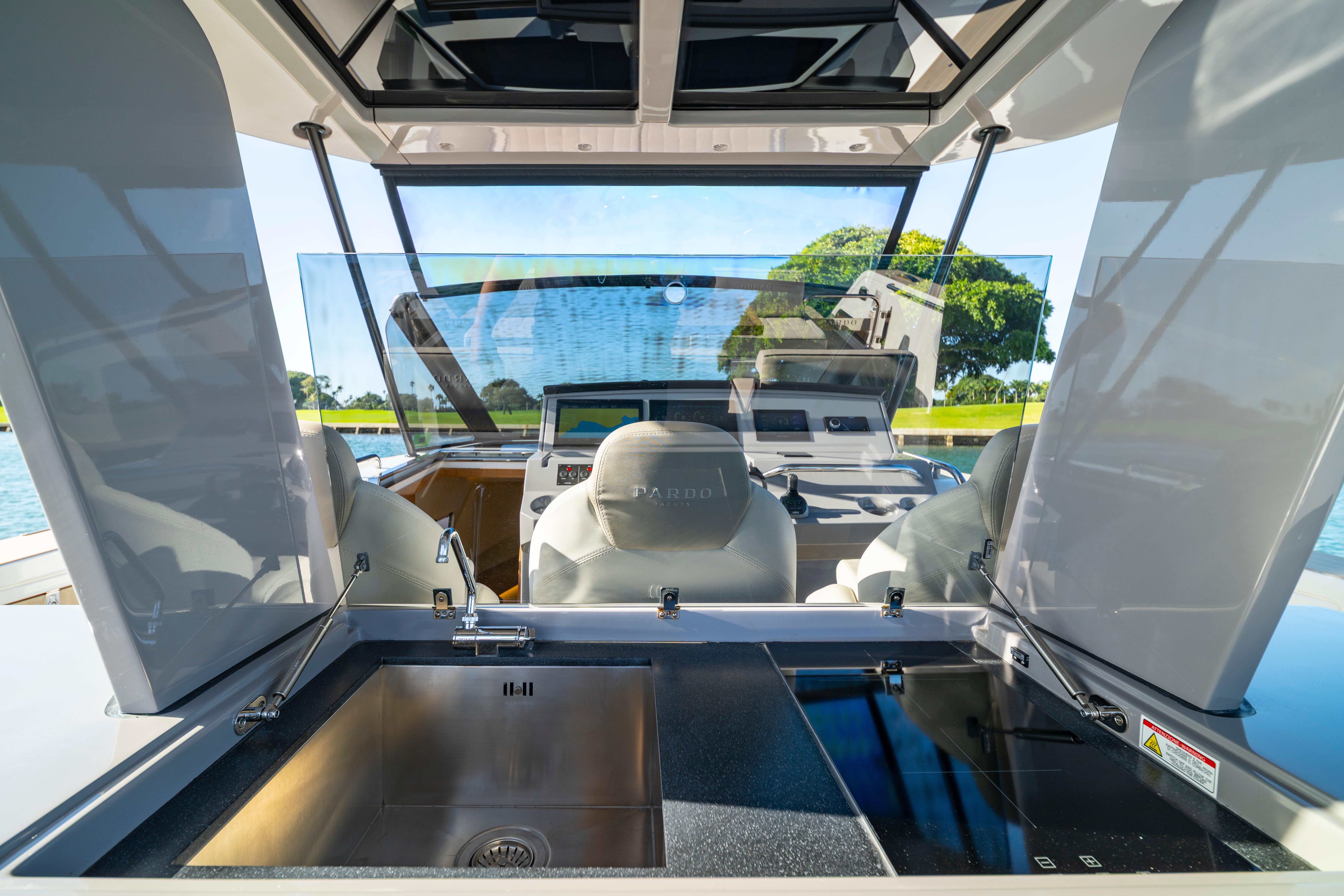 2024 Pardo Yachts P43 cockpit with modern helm, sink, and sleek design.