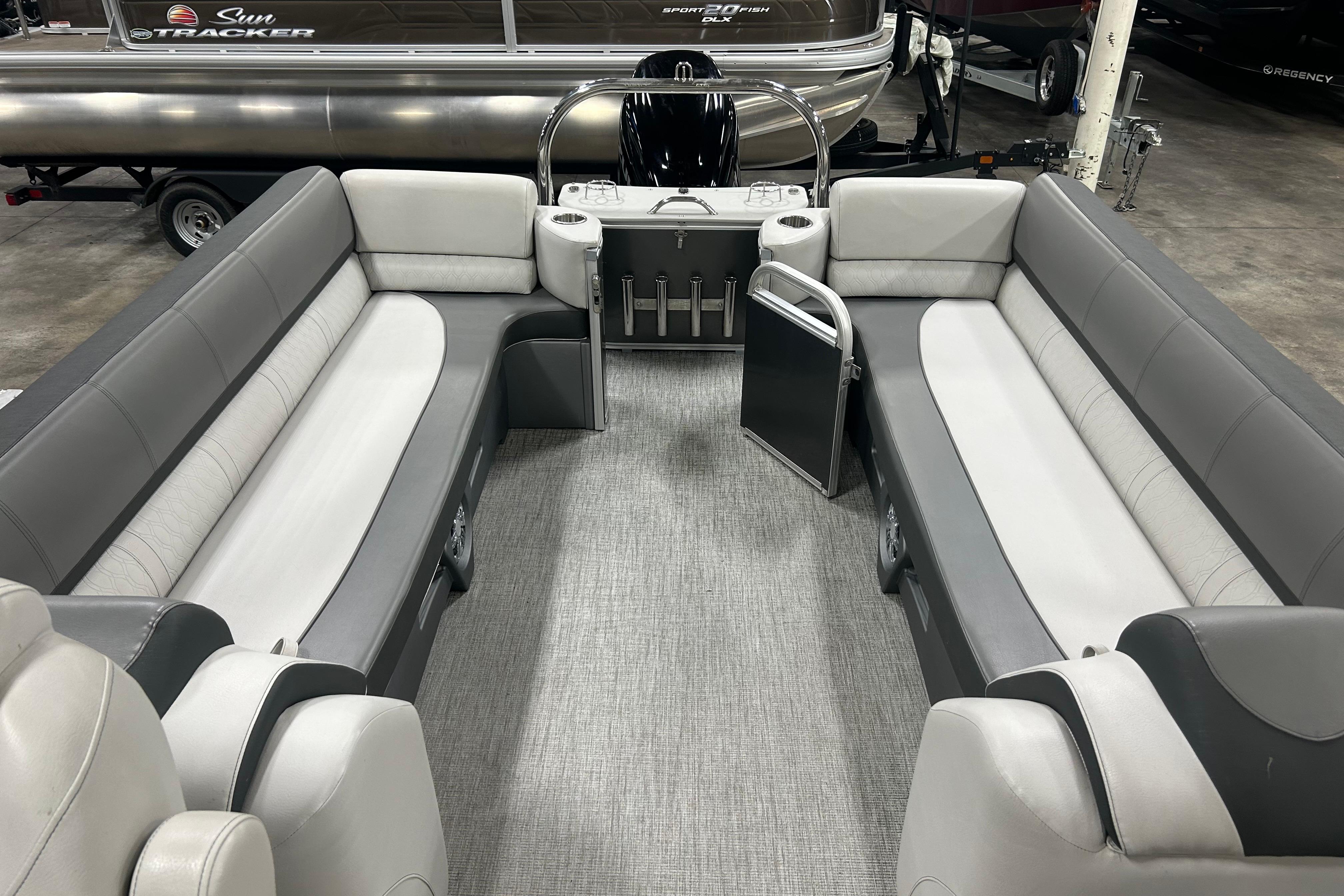 2022 Tahoe Pontoon Cascade Quad Lounger interior with gray seating and modern design.