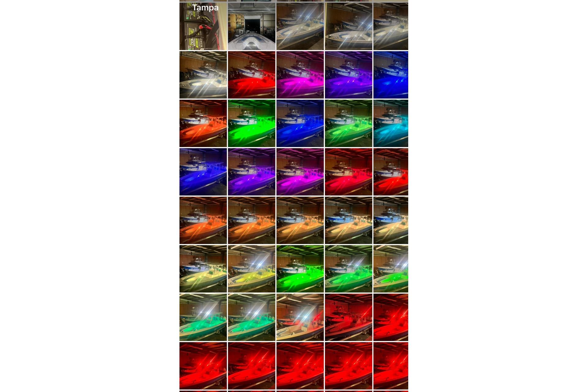 Custom Infusion 34 CC 2021 boat with vibrant LED lighting in various colors.