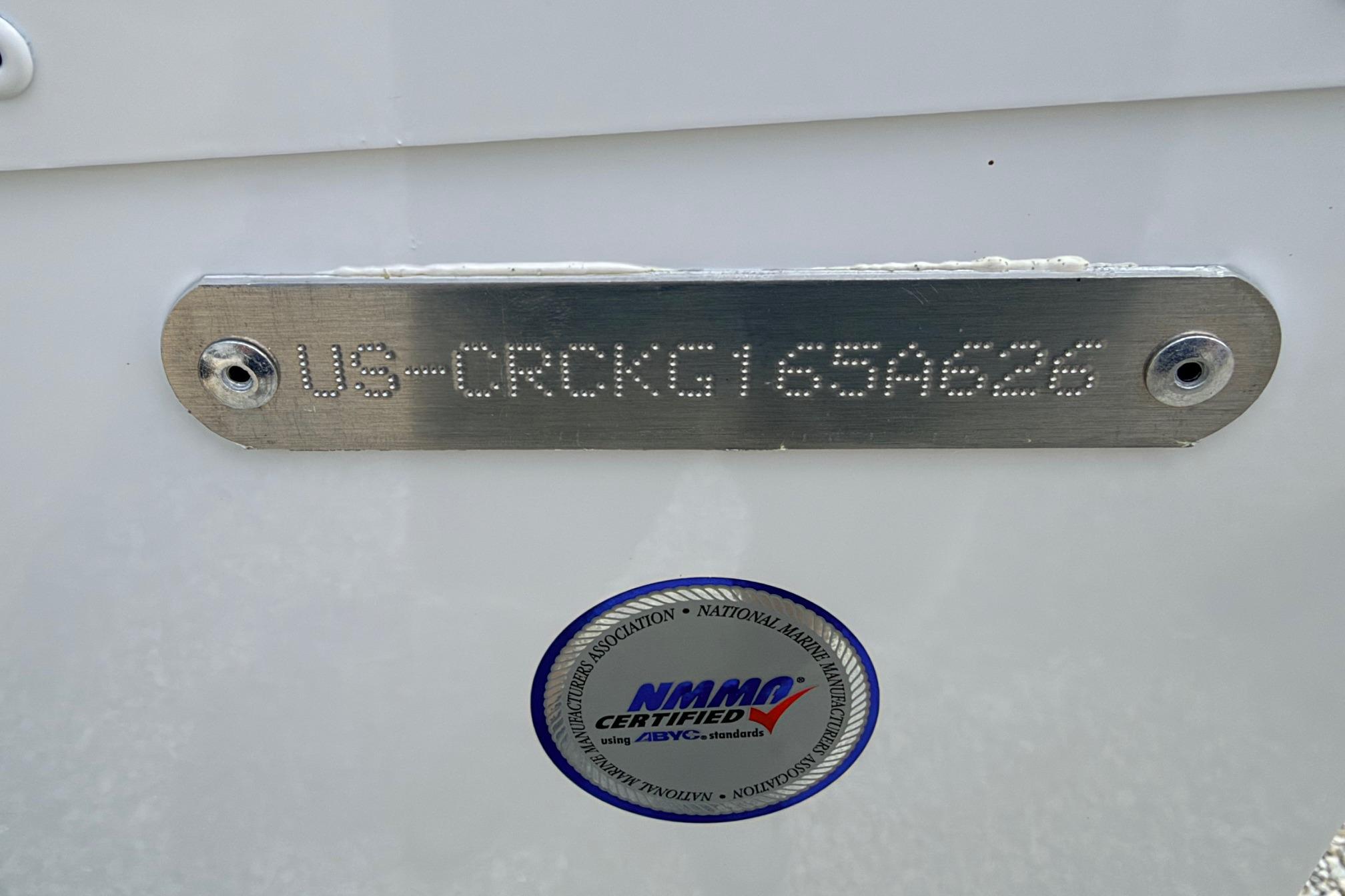 2026 Crestliner 1650 Kodiak WT boat identification plate with NMMA certification label.