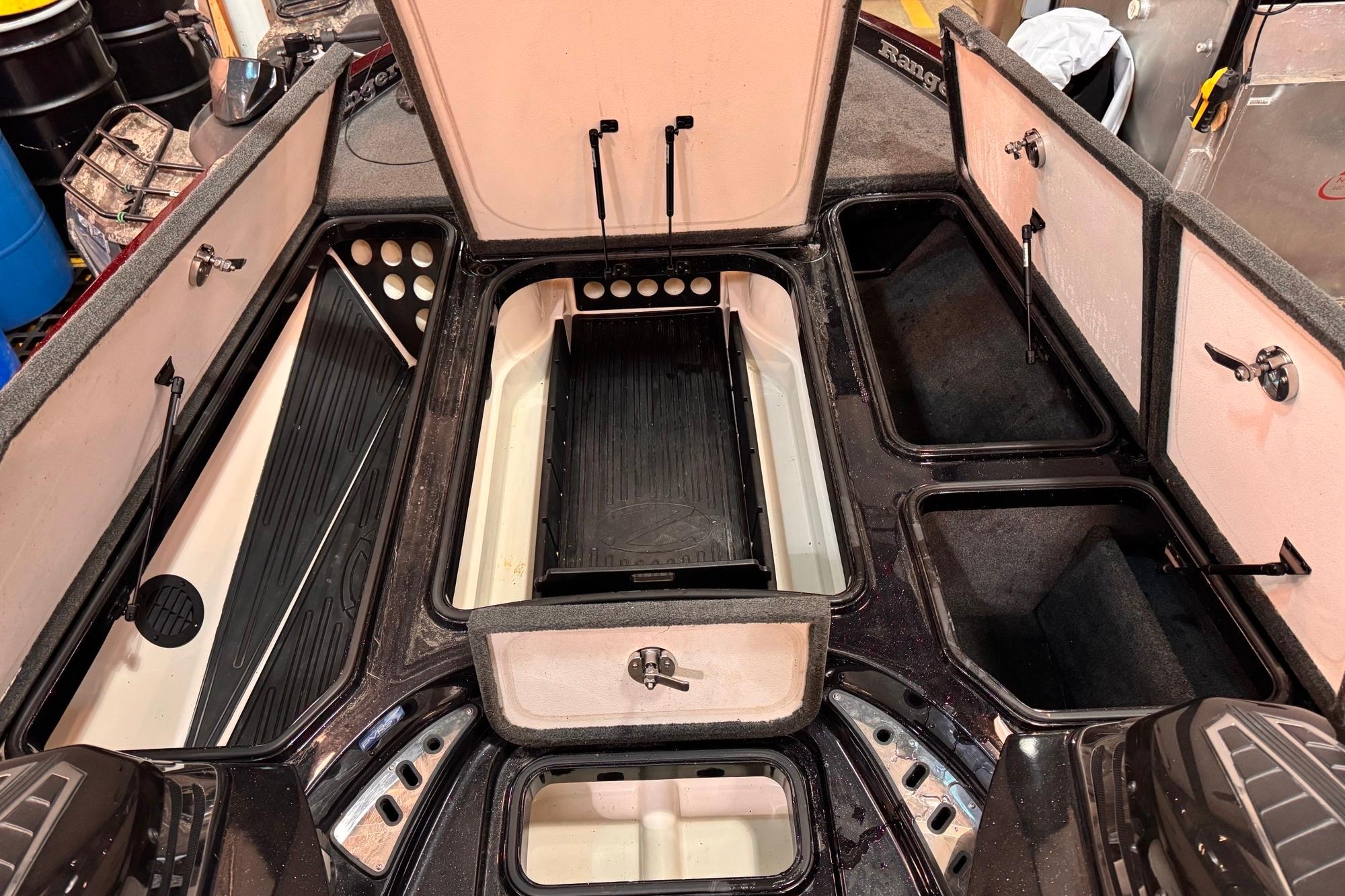 2017 Ranger Z520 Comanche boat interior with open storage compartments and sleek design.