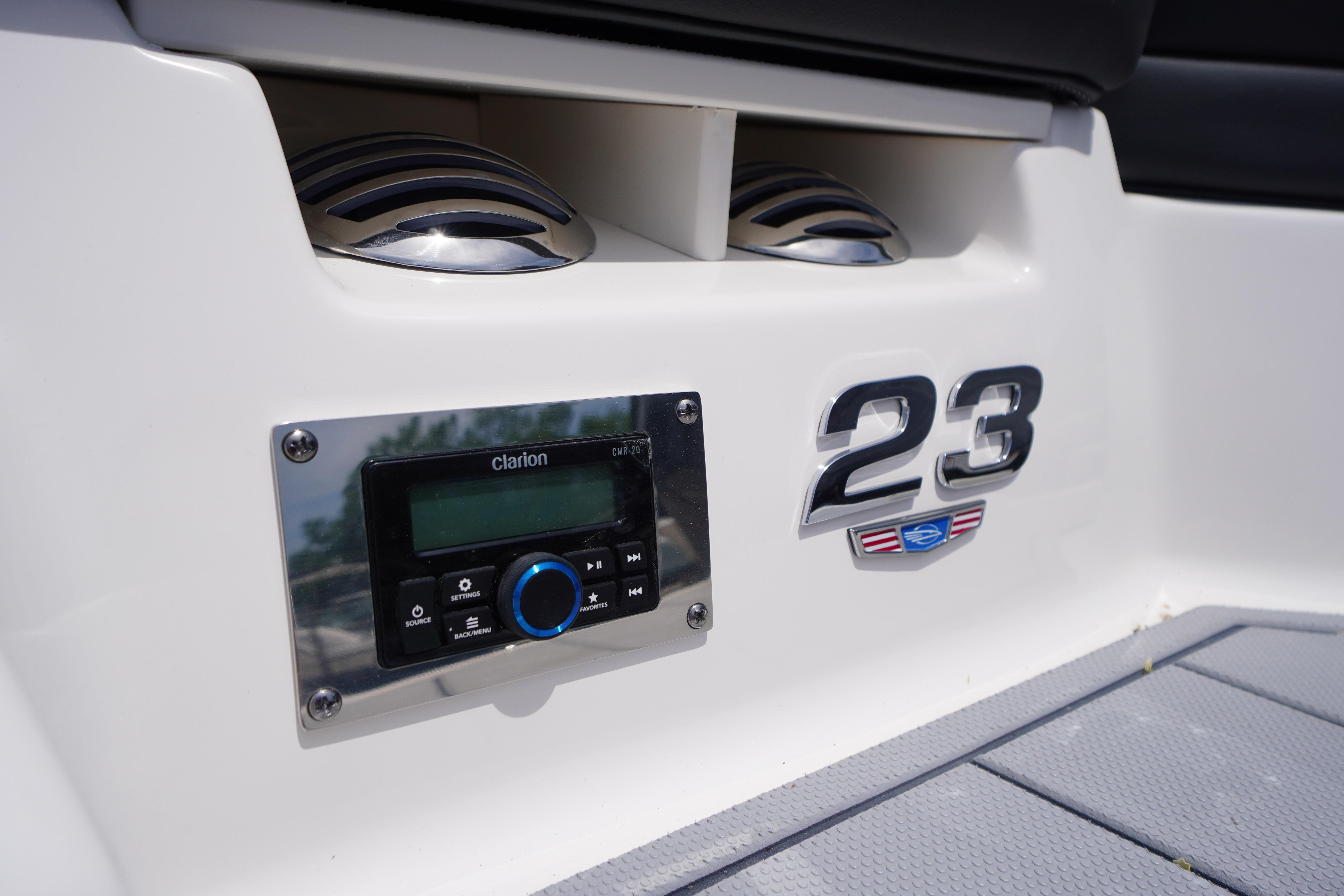 2026 Chaparral 23 SSi OB boat with Clarion audio system and sleek design details.