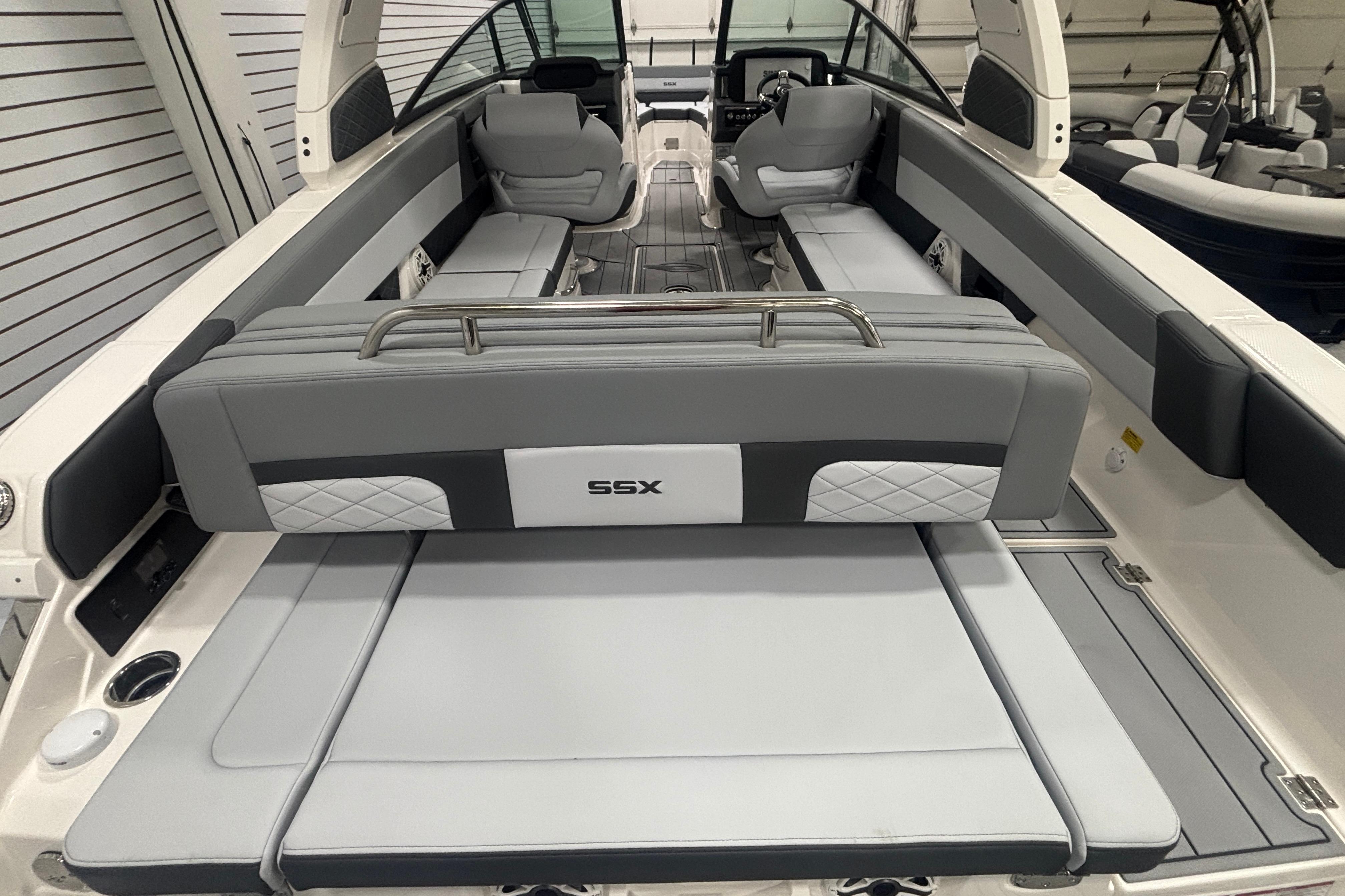 2026 Chaparral SSX 30 boat interior with gray seating and modern design.