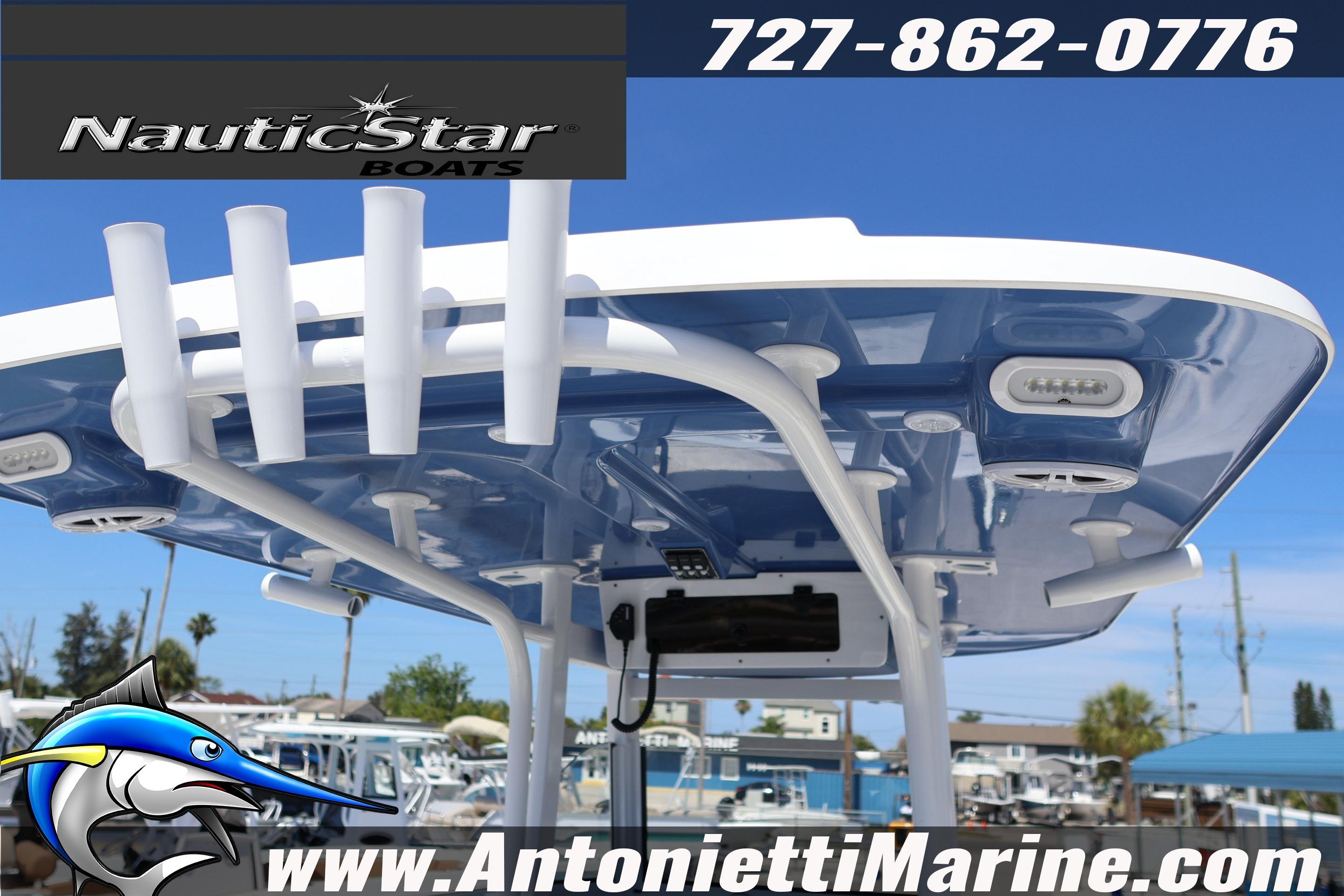 NauticStar 292 Legacy 2026 boat top view with rod holders and contact details.